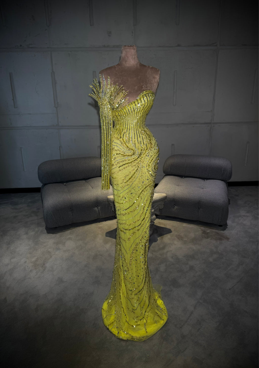 Yenna - One Shoulder Yellow Crystal Gown