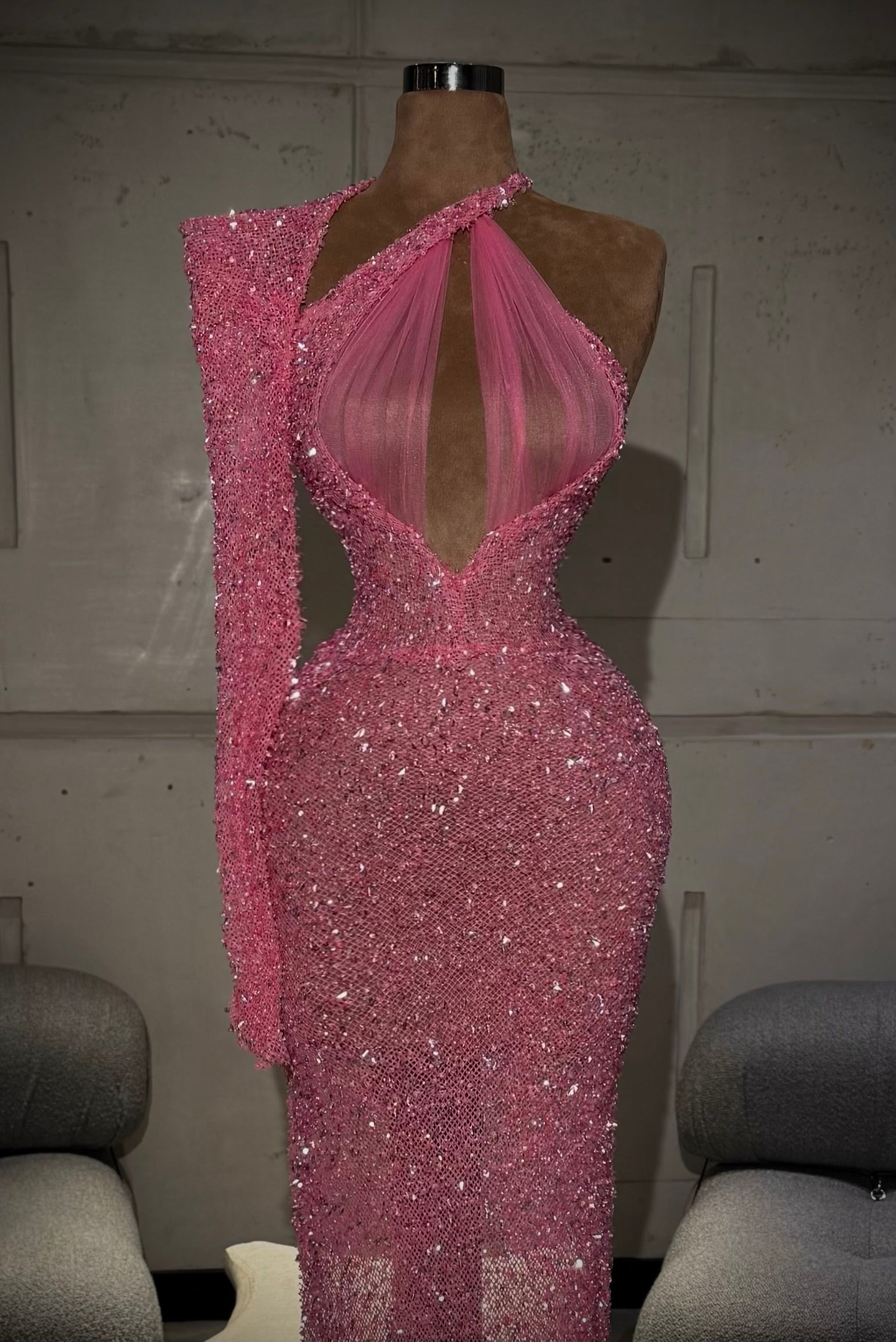 Beliana - Fuchsia One-Shoulder Crystal Gown