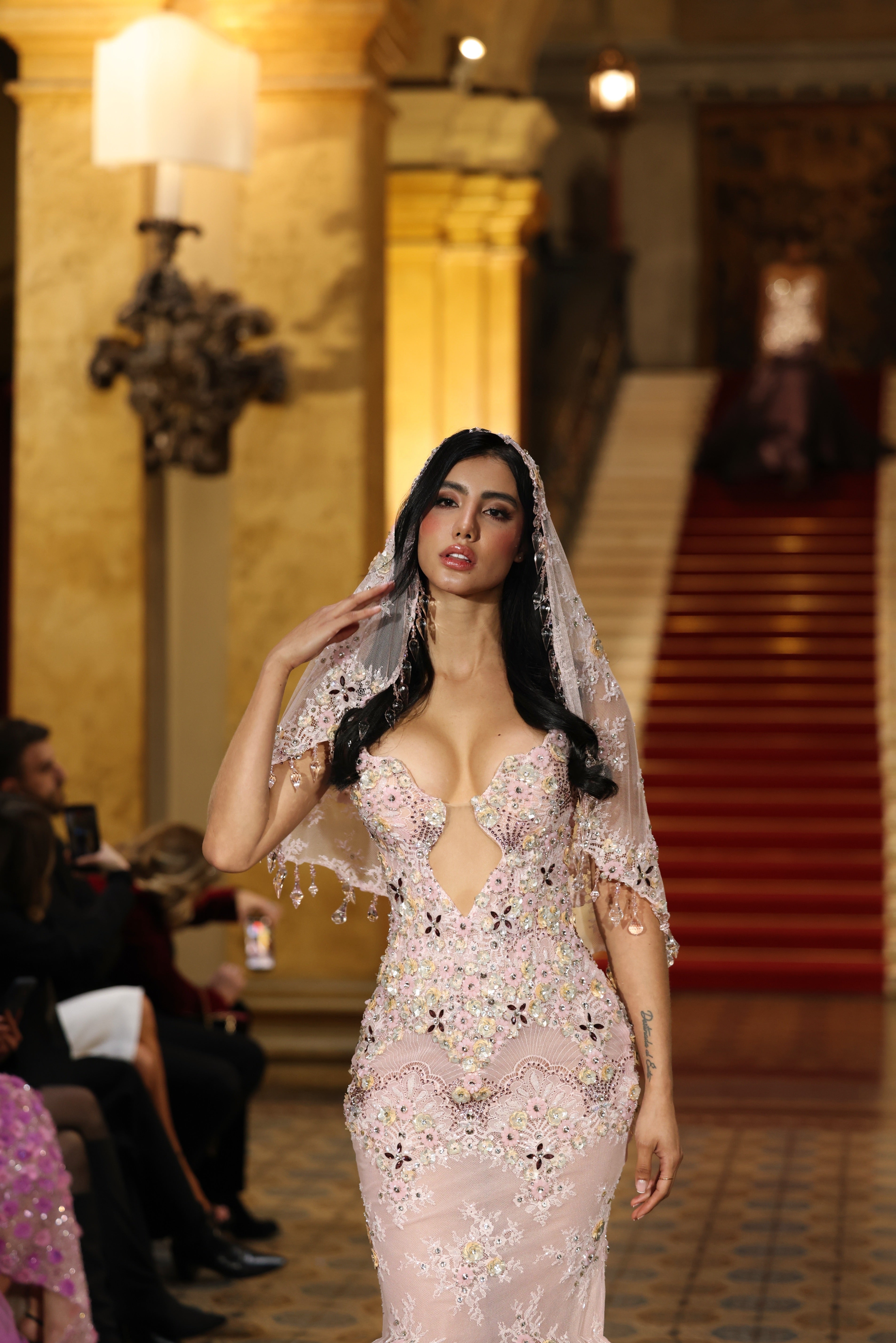 Bellaria - Embellished Deep V Lace Gown