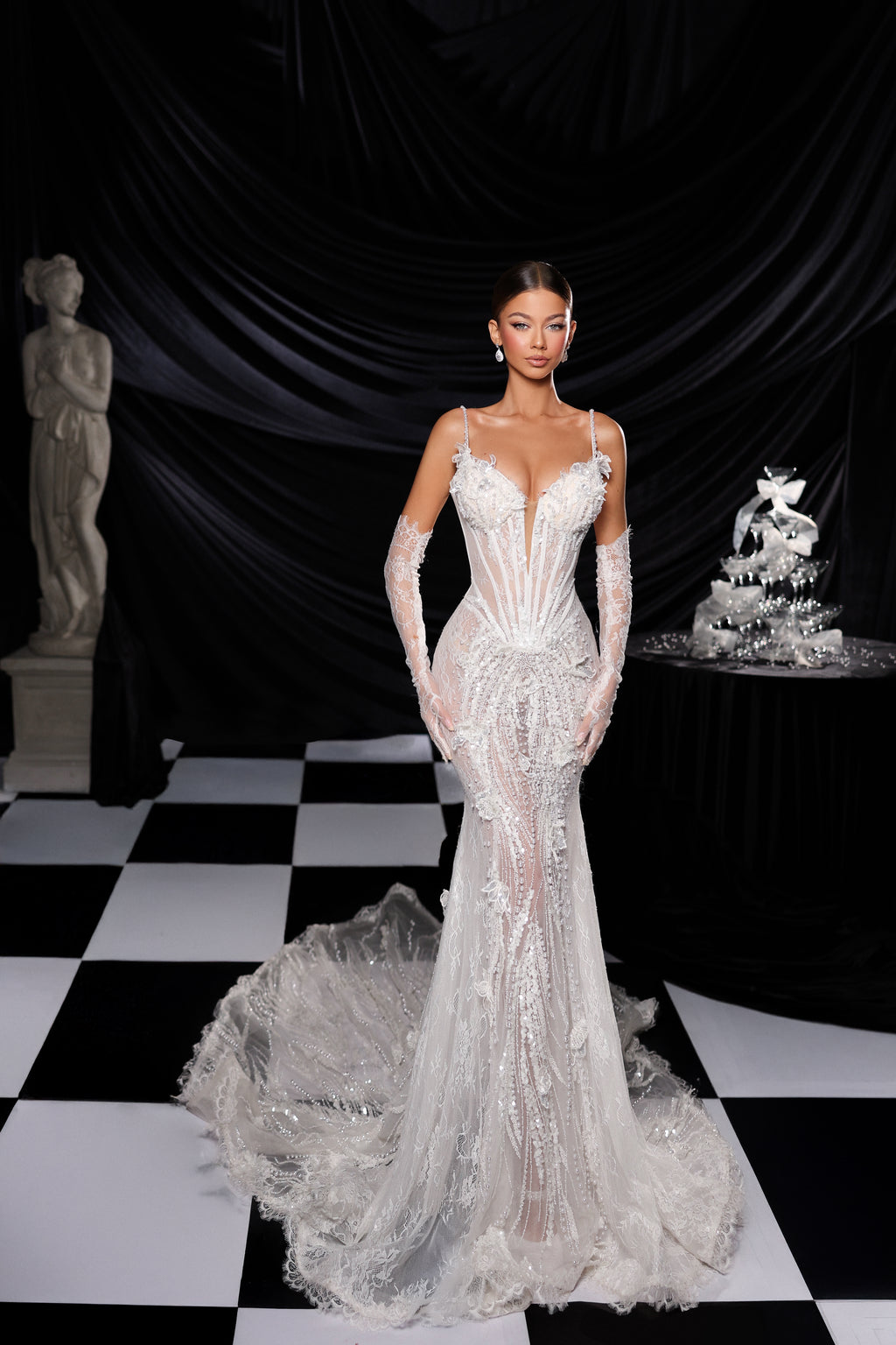 Sheer Lace Corset Bridal Gown with Veil & Gloves