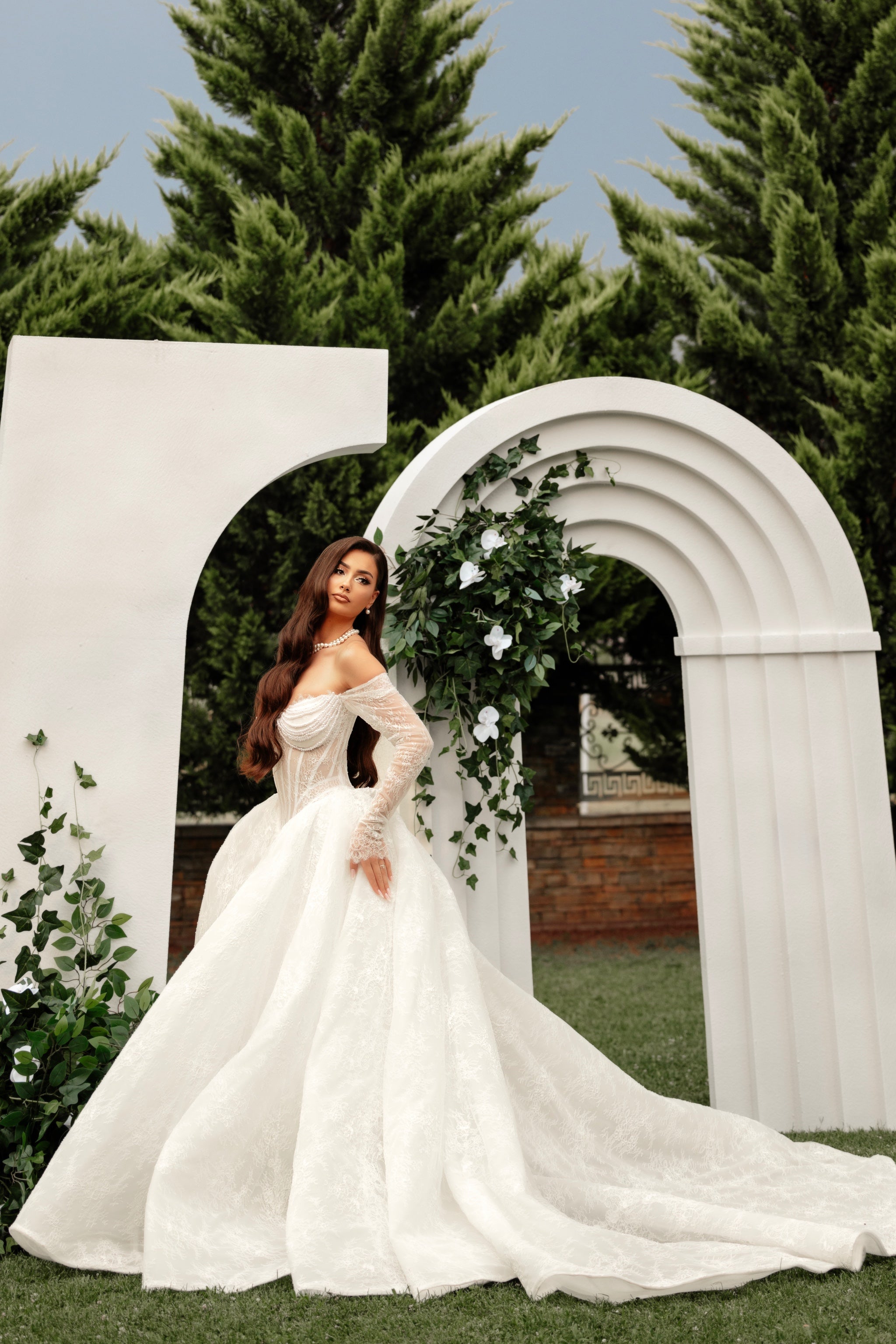 wedding dress off the shoulder lace sleeves Vivienne
