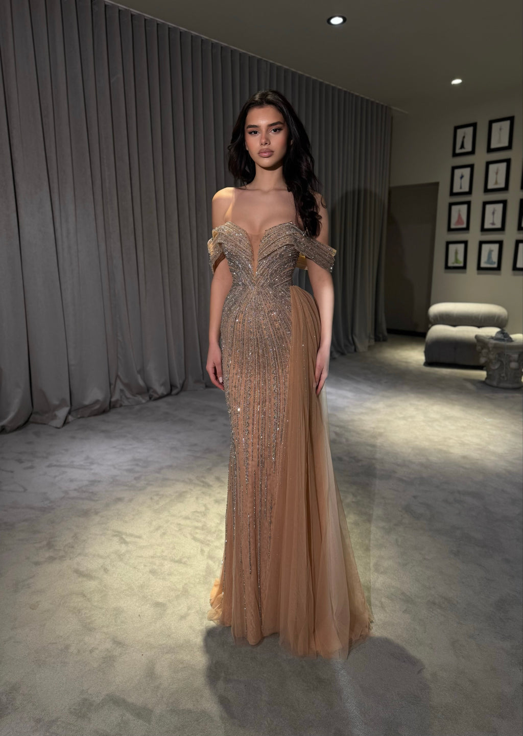 Kiara - Champagne Crystal Off Shoulder Gown