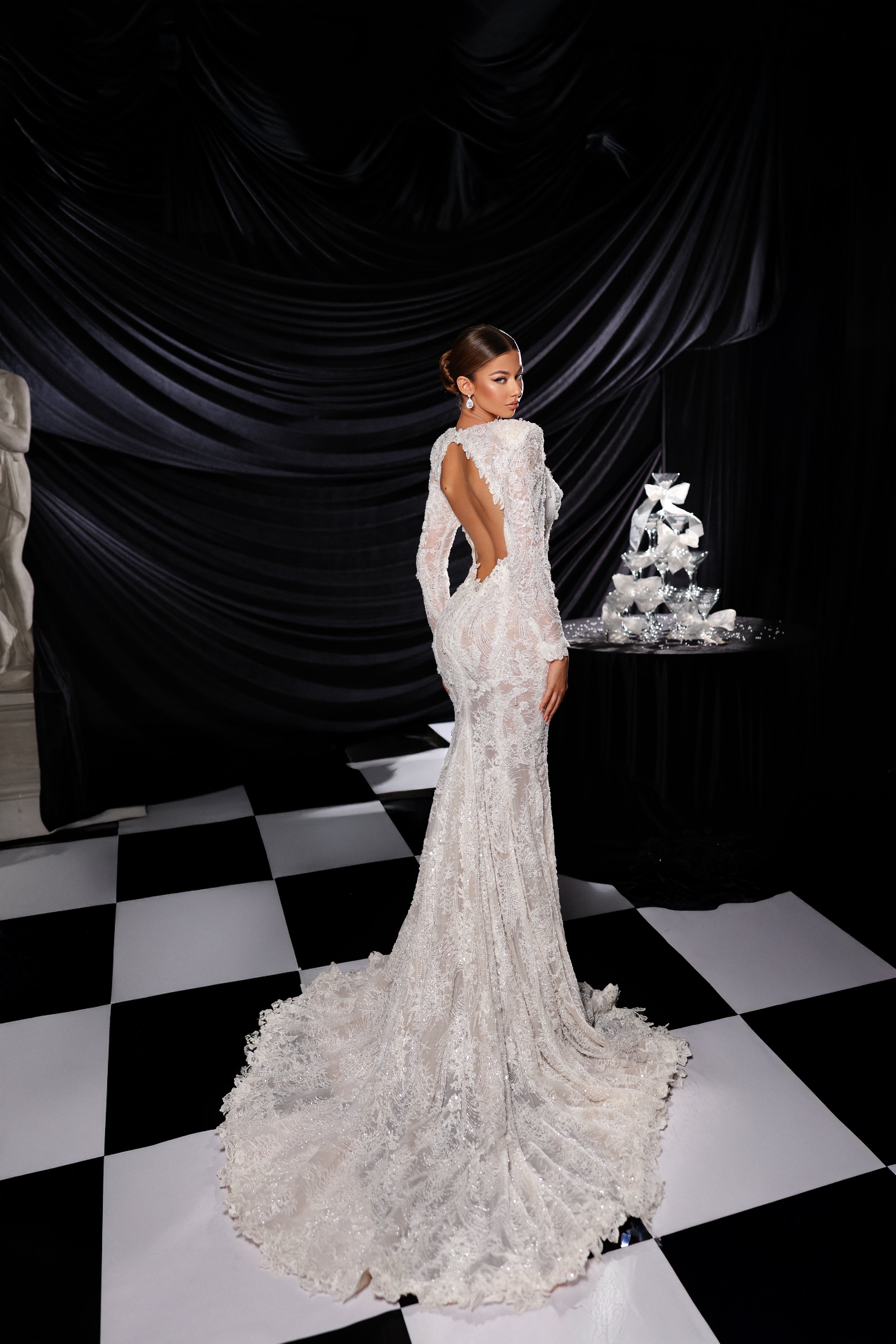 Embroidered Long Sleeve Mermaid Wedding Dress