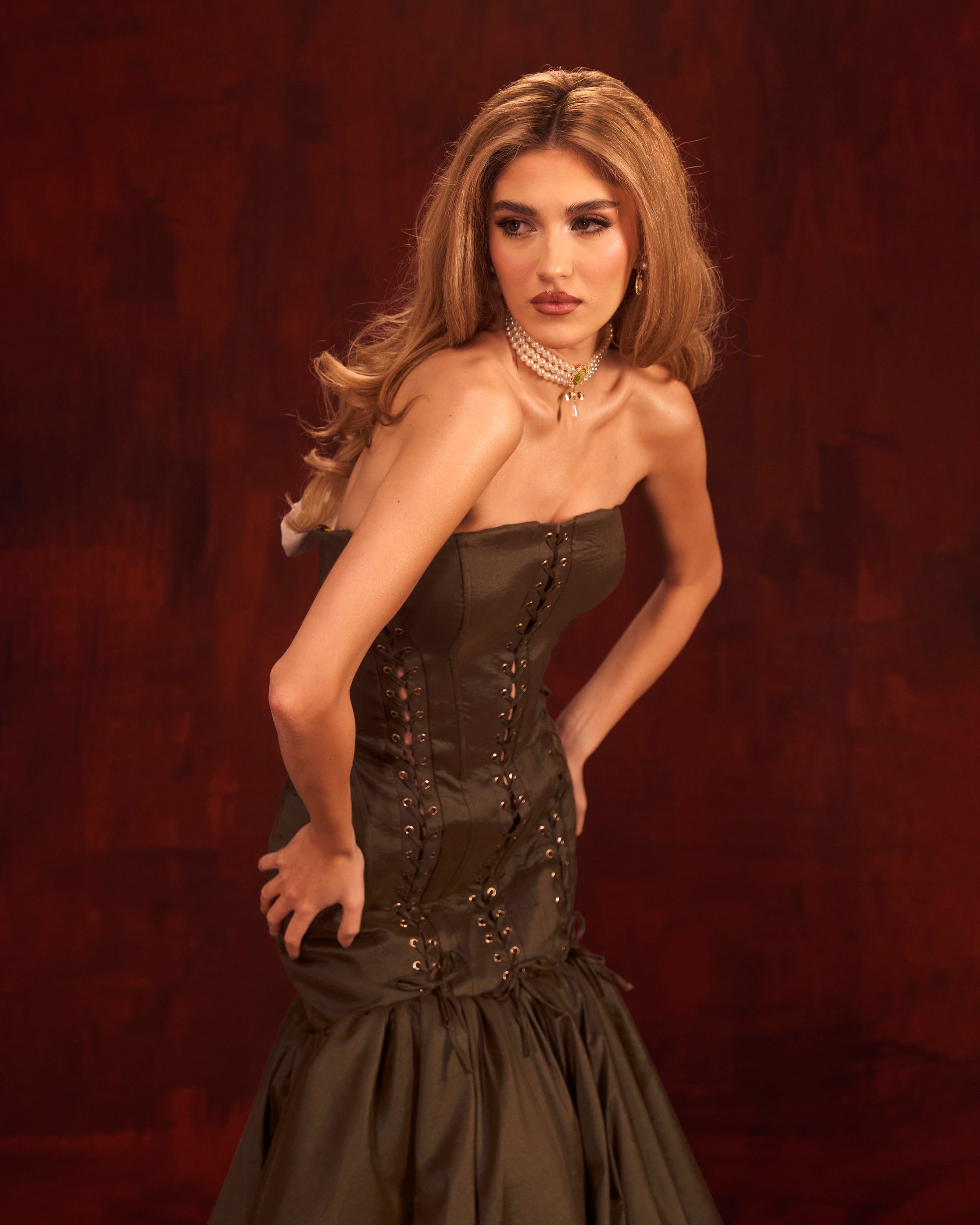 Ardenisa - Olive Lace Up Mermaid Gown M Ardenisa - Olive Lace Up Mermaid Gown M