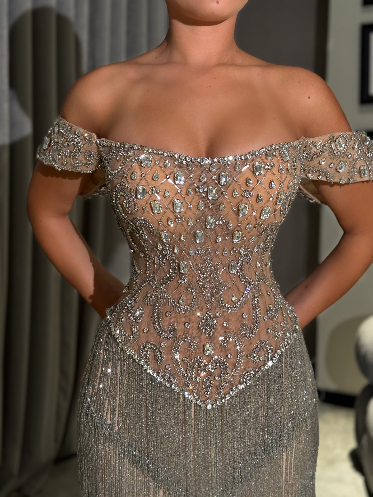 Ayona - Crystal fringe slit gown