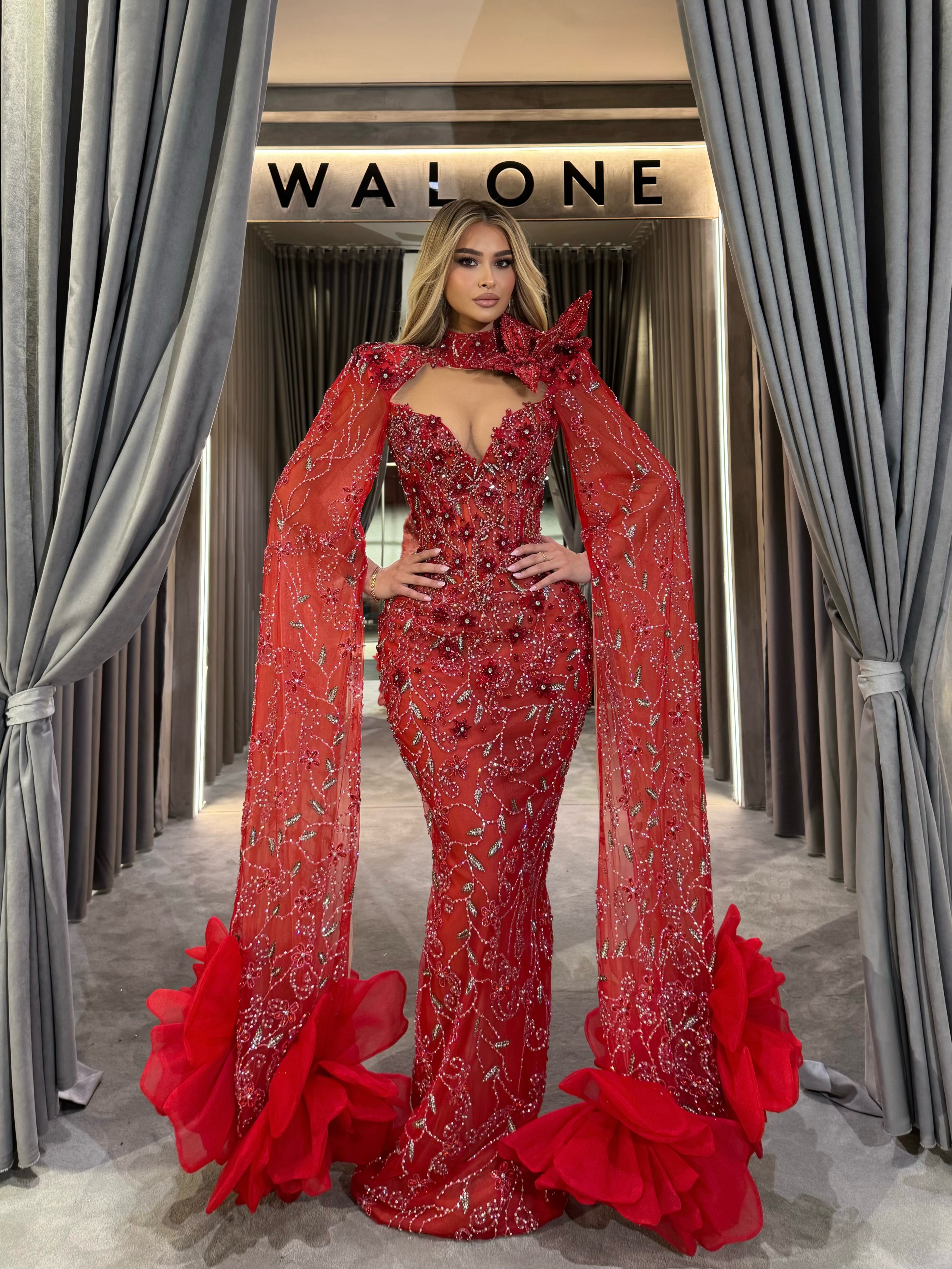 Crimson Rose Extra Long Sleeves Gown