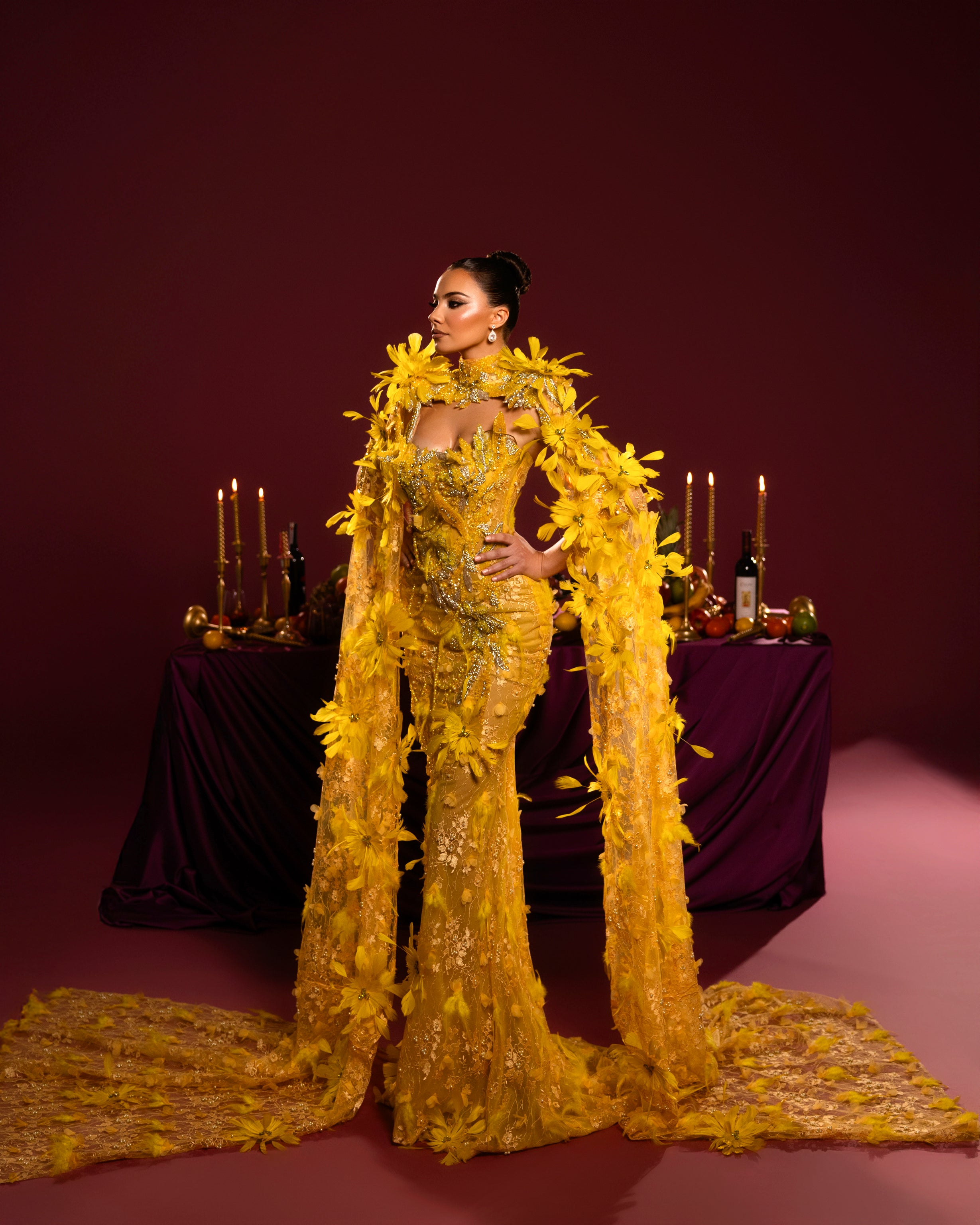 Strapless Floral Appliqué Gown with High Neck Cape