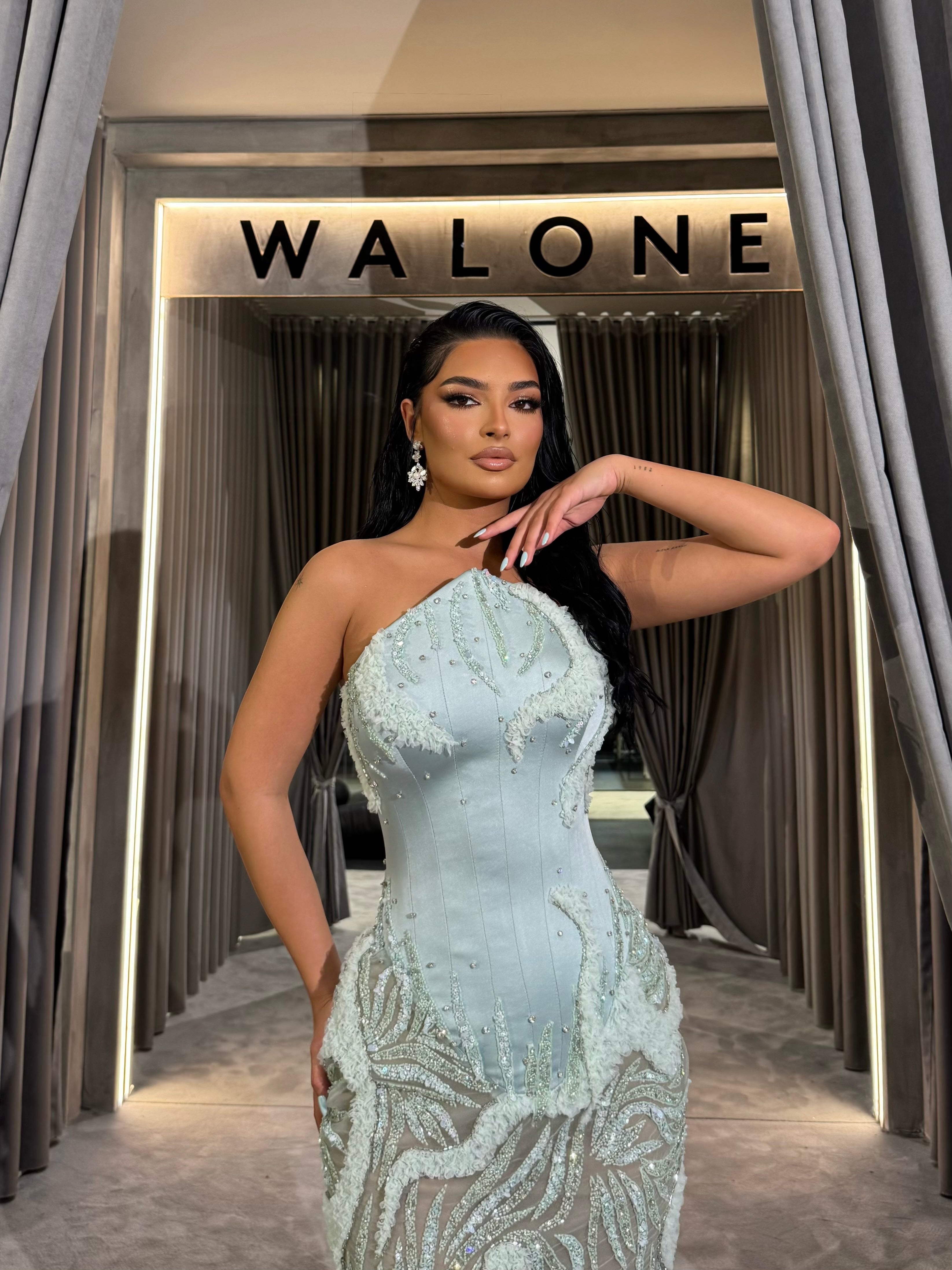 Strapless Mint Corset Beaded Gown