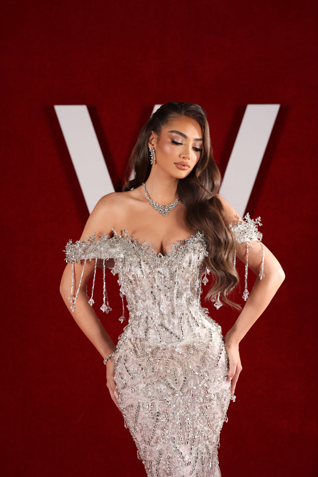 Elarisse - Crystal Fringe Off Shoulder Corset Mermaid Gown