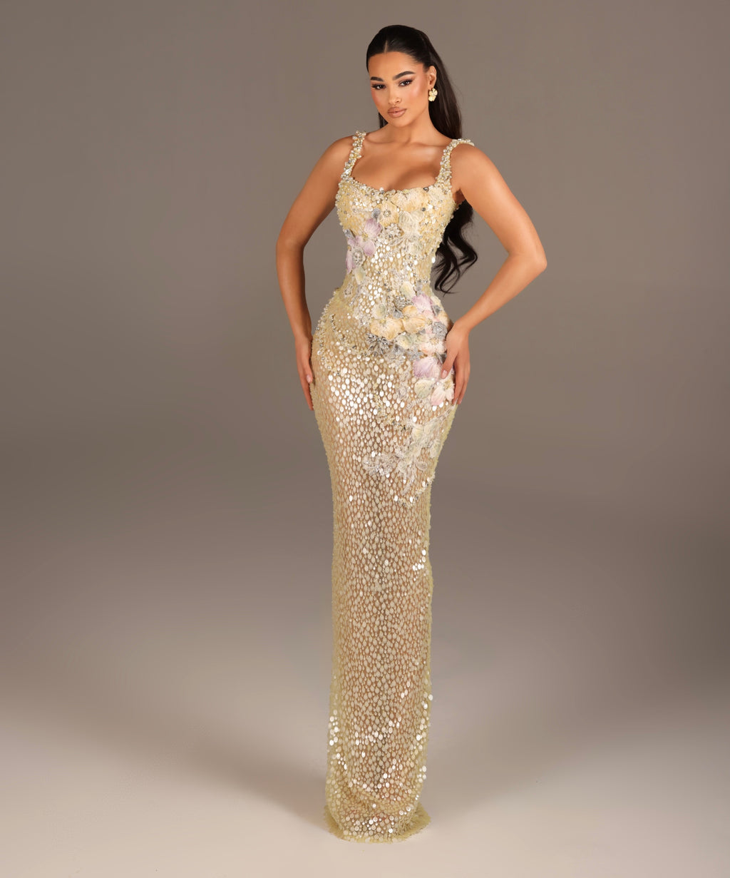 Almira - Embellished Gown with Floral Appliqué and Straps