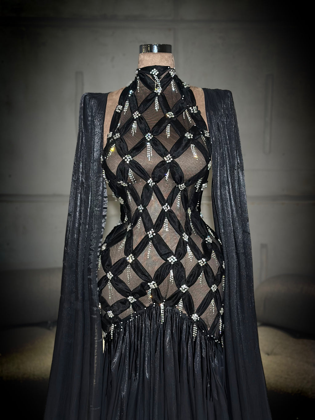 Zariah – Beaded Mesh Gown with Shoulder Drapes