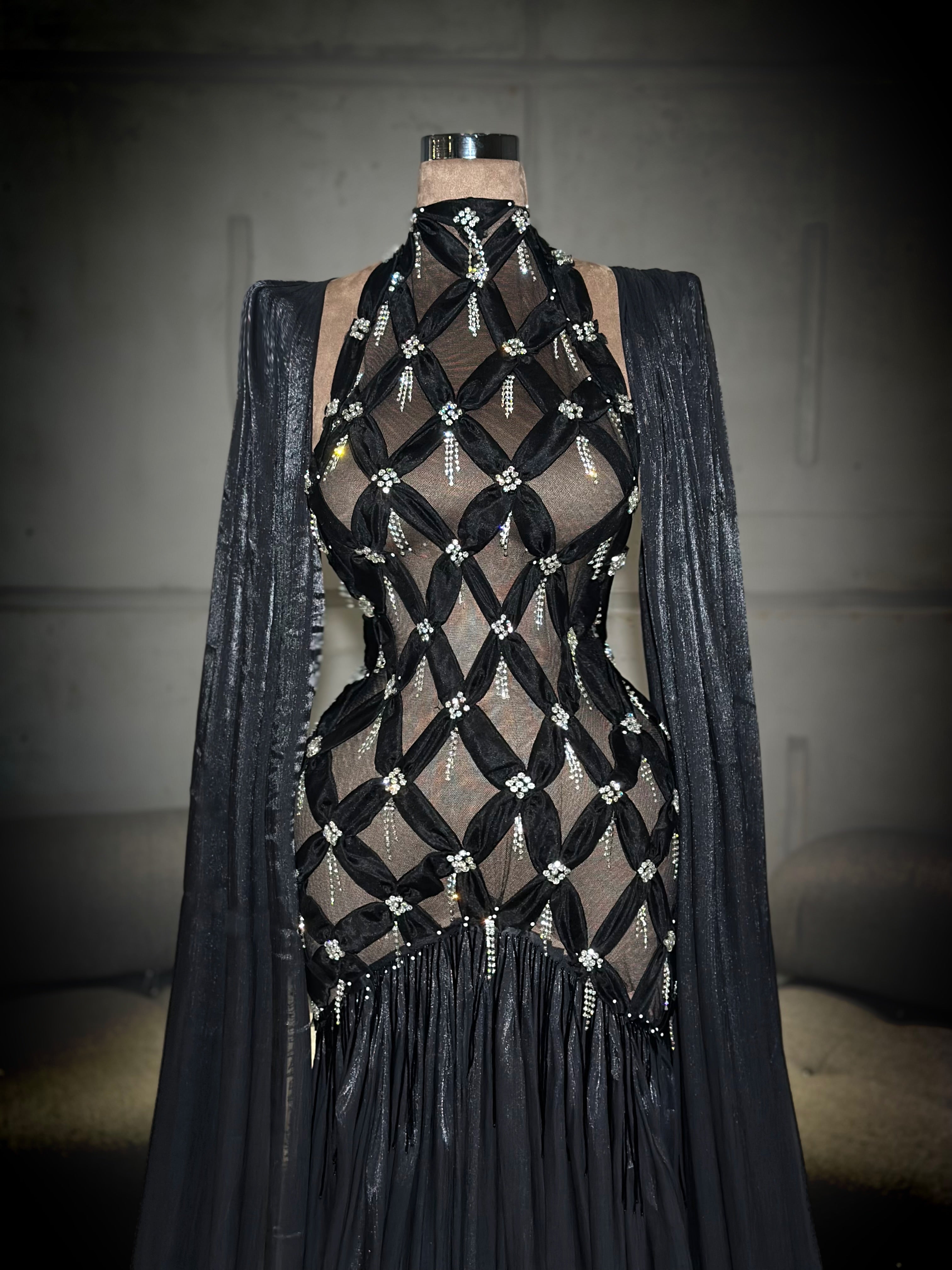 Zariah – Beaded Mesh Gown with Shoulder Drapes
