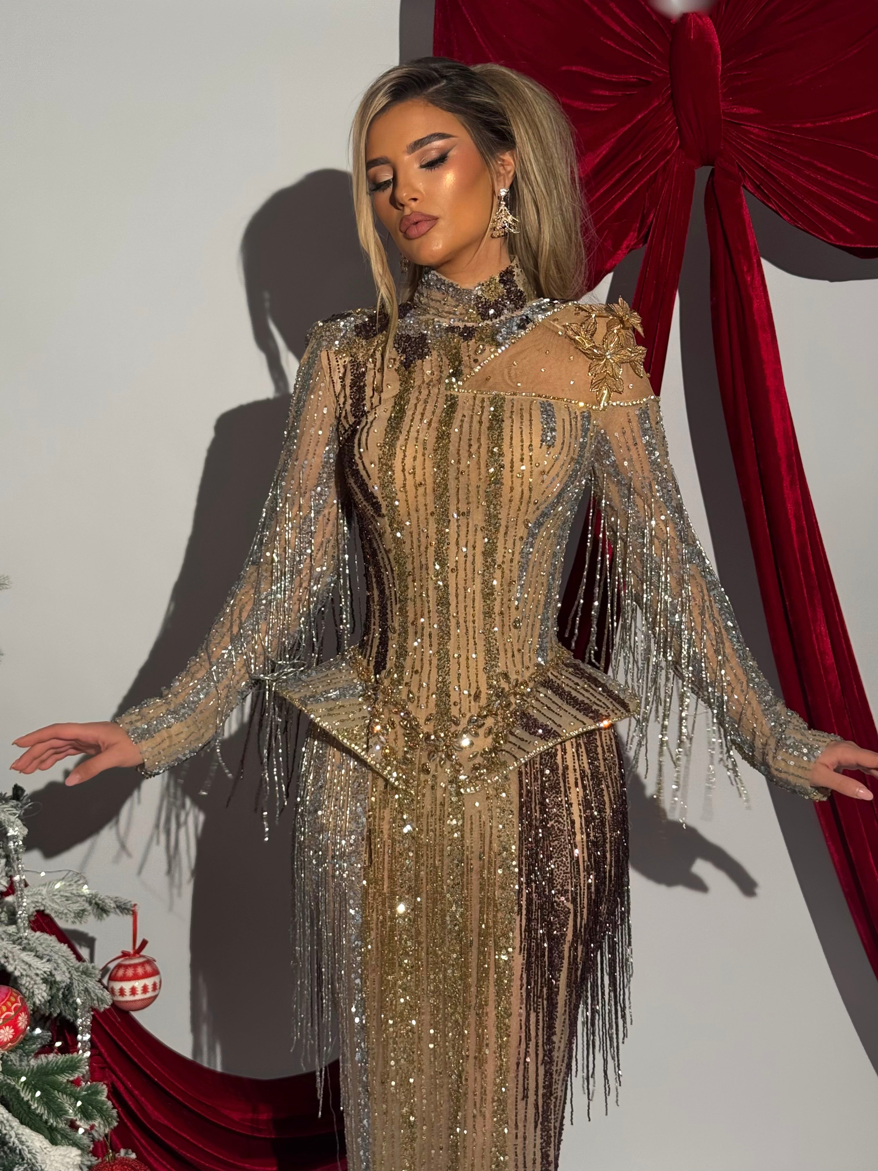 Elvionne - Gold Fringe Corset Gown