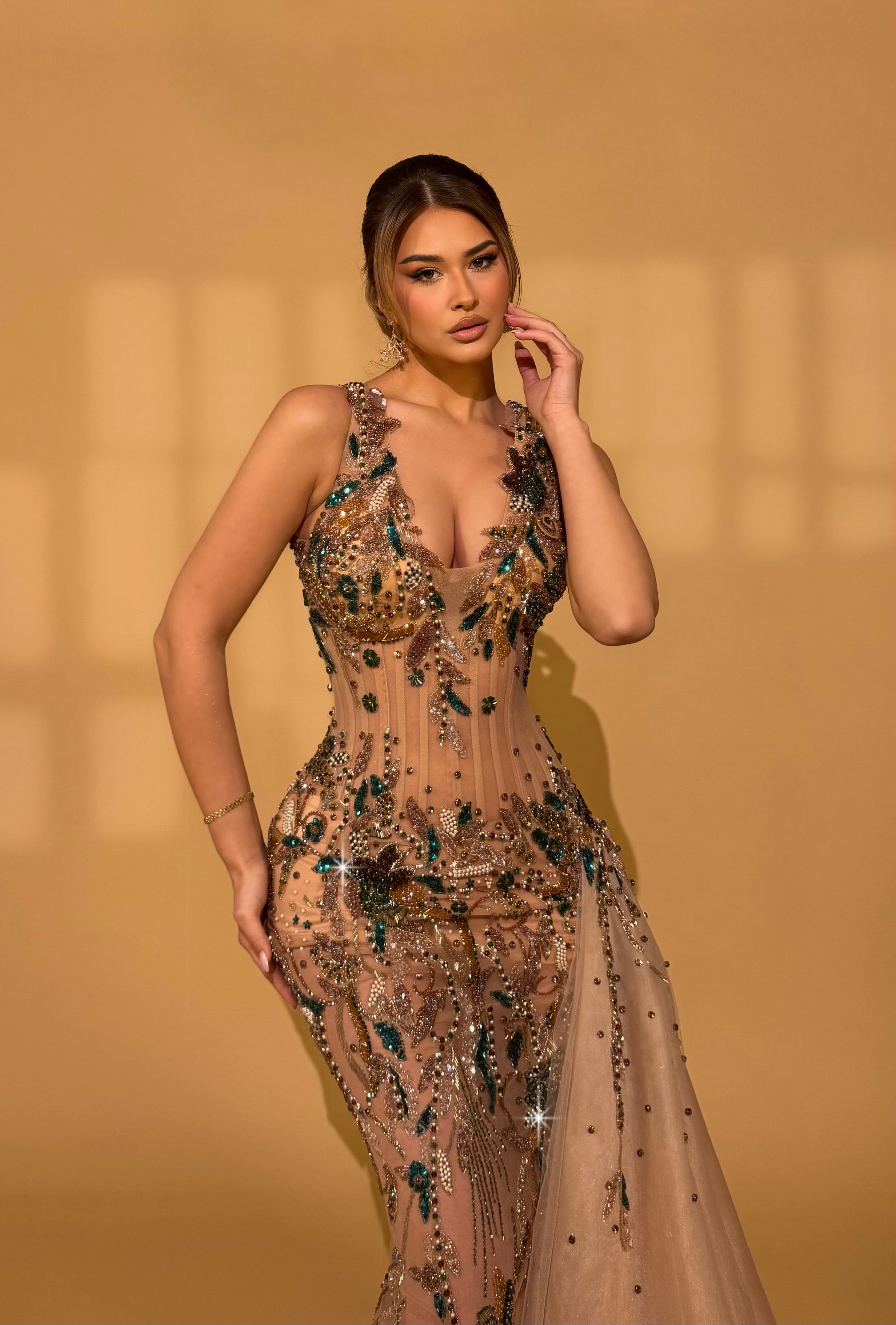 Hand Embroidered Dress with Leaf Motifs and Train