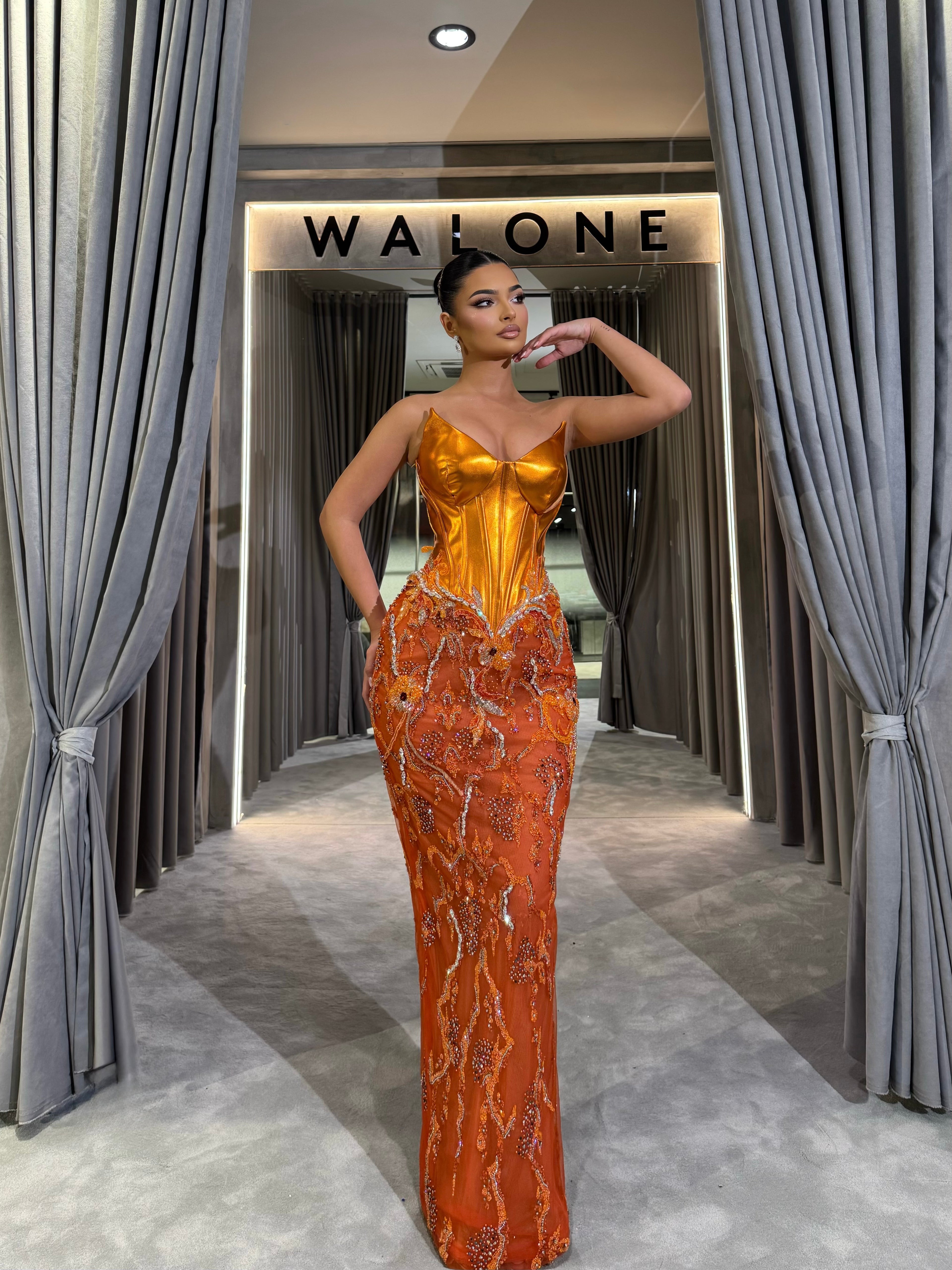 embellished orange dress Metallic Orange Embellished Gown L