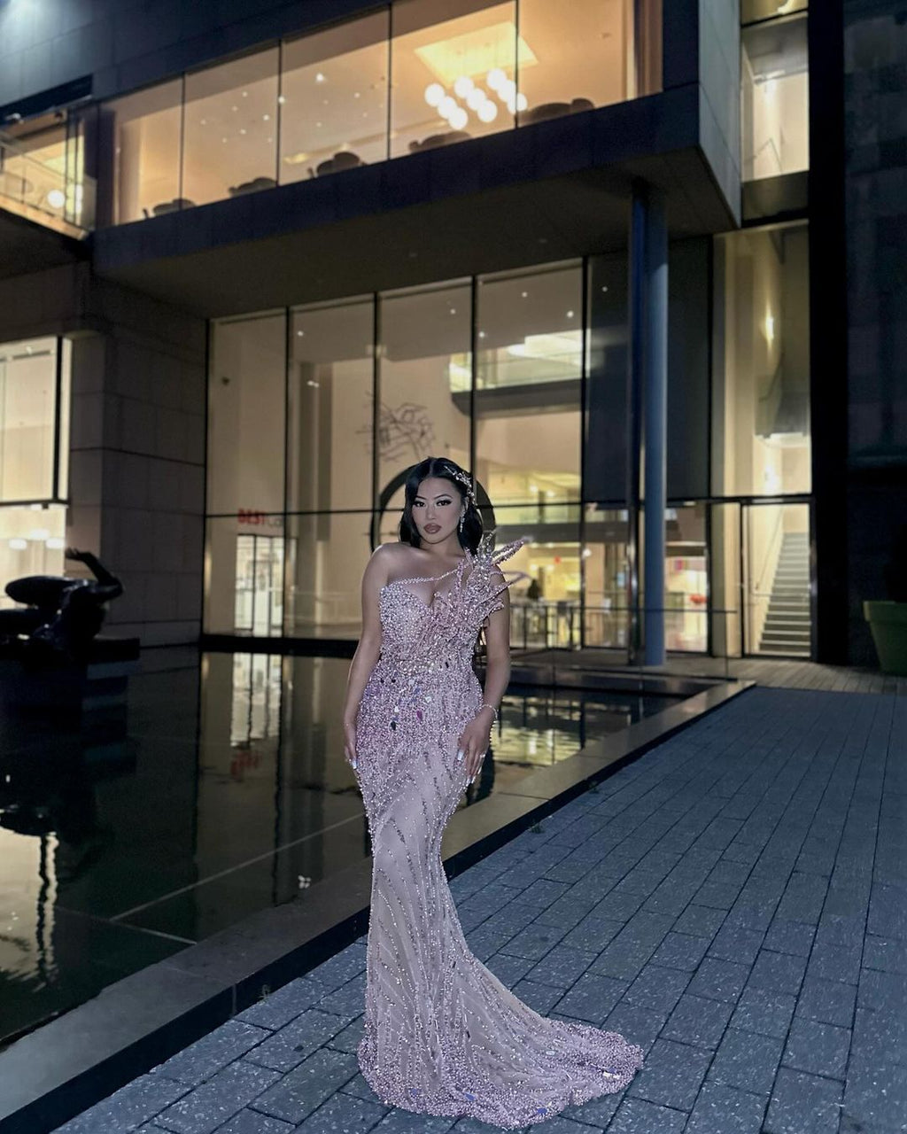 One shoulder dress with floral embellishments