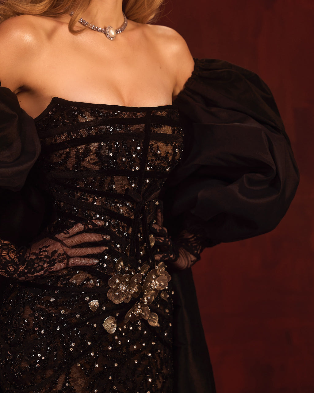 Mirelda - Black Beaded Strapless Gown