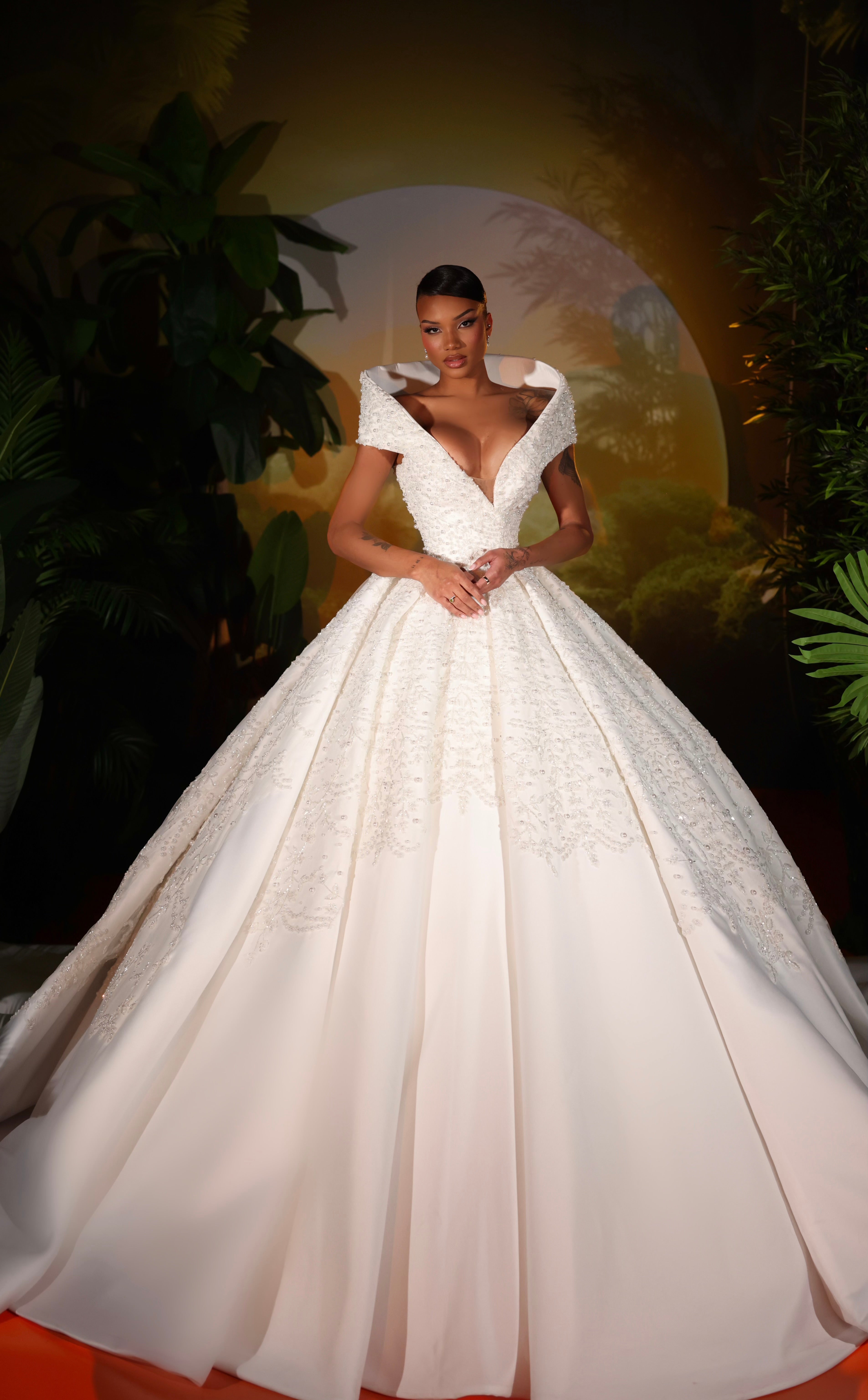 ballgown wedding dresses gown Luxury Princess Lace Long Sleeves Beaded Appliques Ball Gowns*/ line Pleated V Neck Court Train Satin Strapless Ball Gown Wedding Dress with Slit Shown in Ivory Rumi Ines Di Santo Wedding