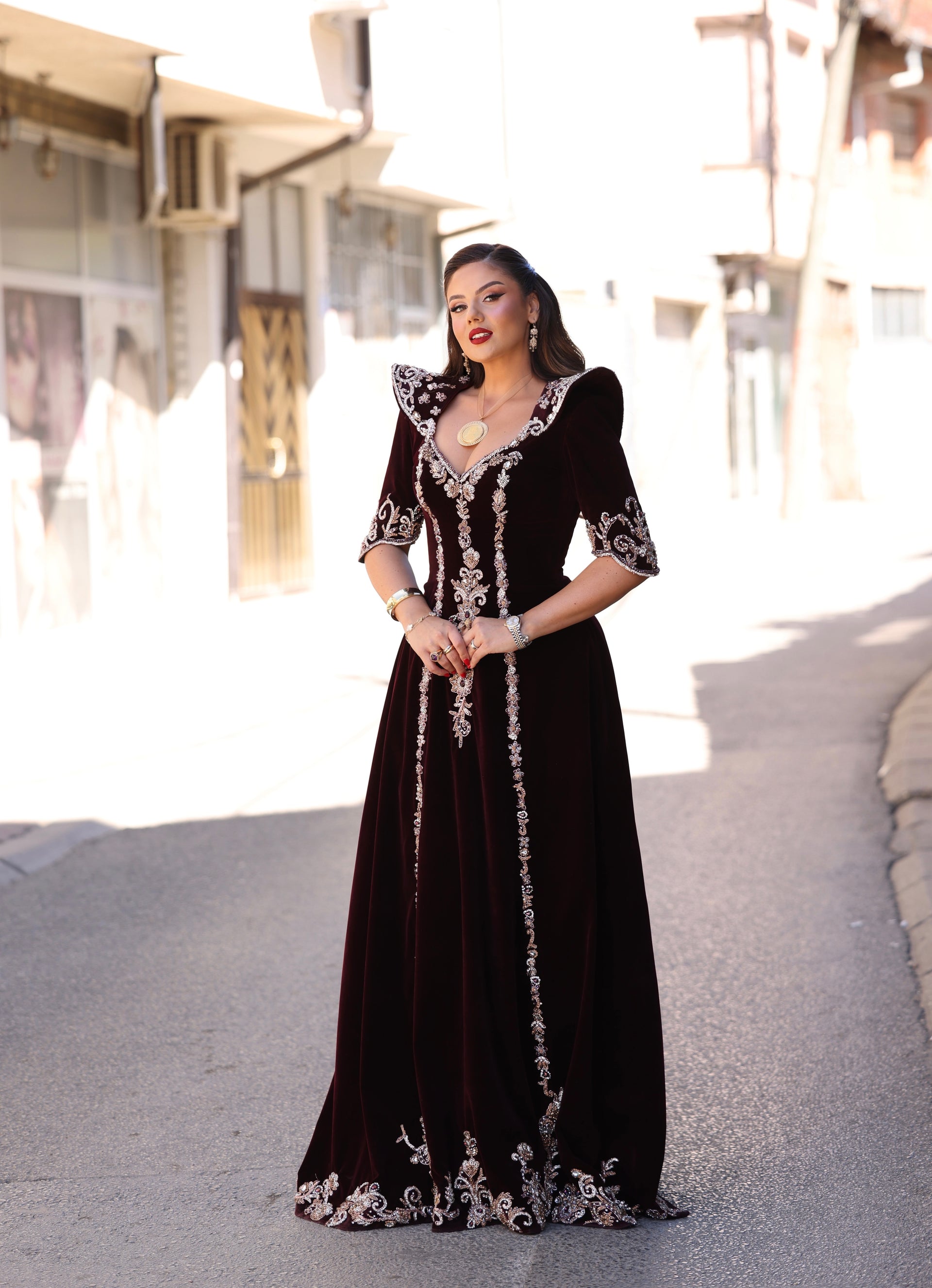 Elir - Burgundy Velvet Long Gown with Silver Embroidery S