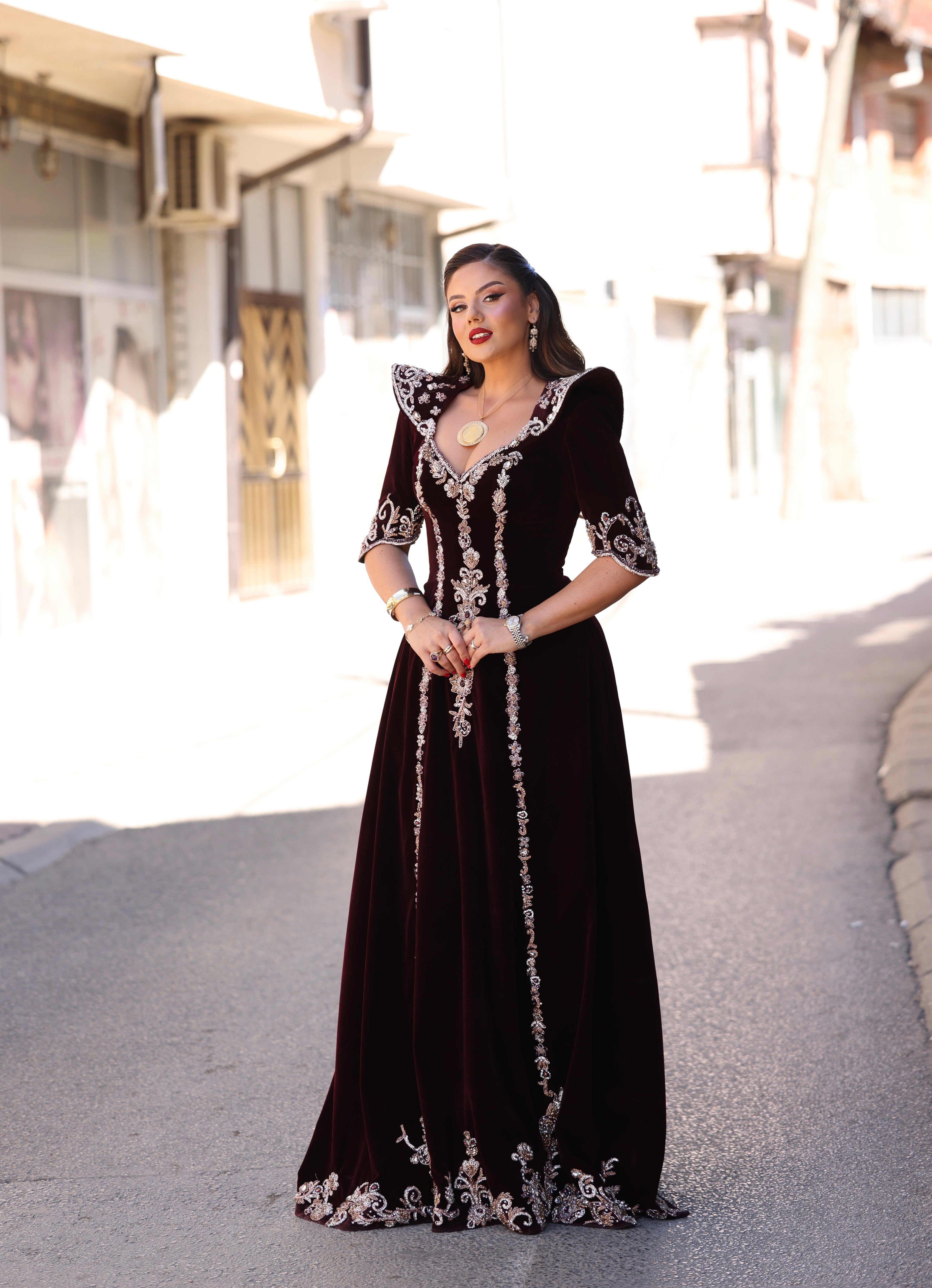 Elirá - Burgundy Velvet Long Gown with Silver Embroidery