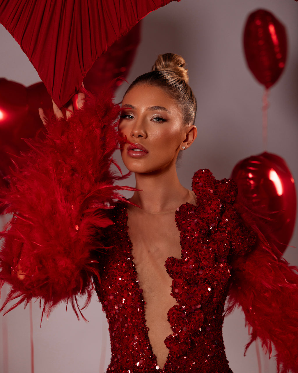 Short Feathered Sequin Plunge Dress