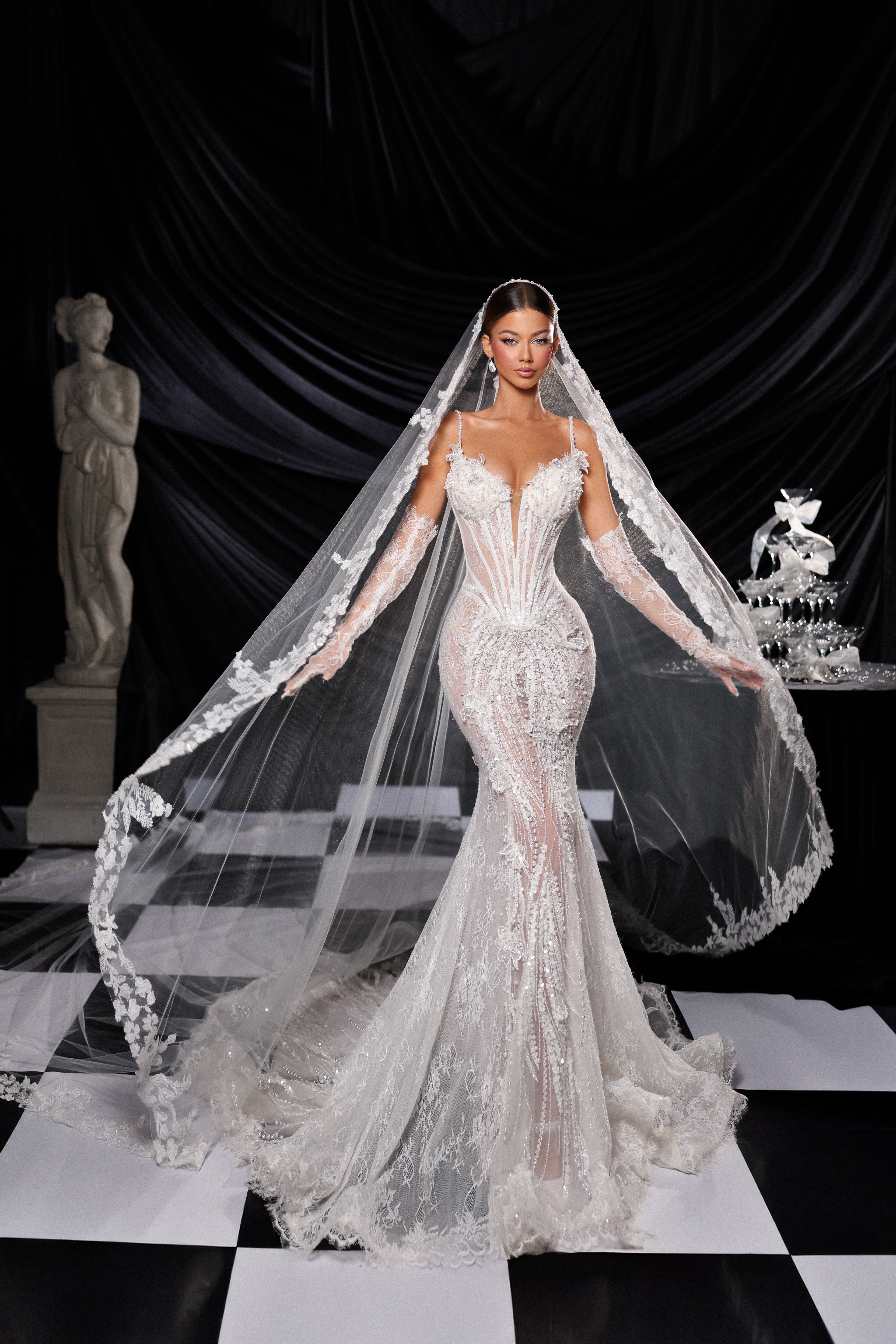 Sheer Lace Corset Bridal Gown with Veil & Gloves