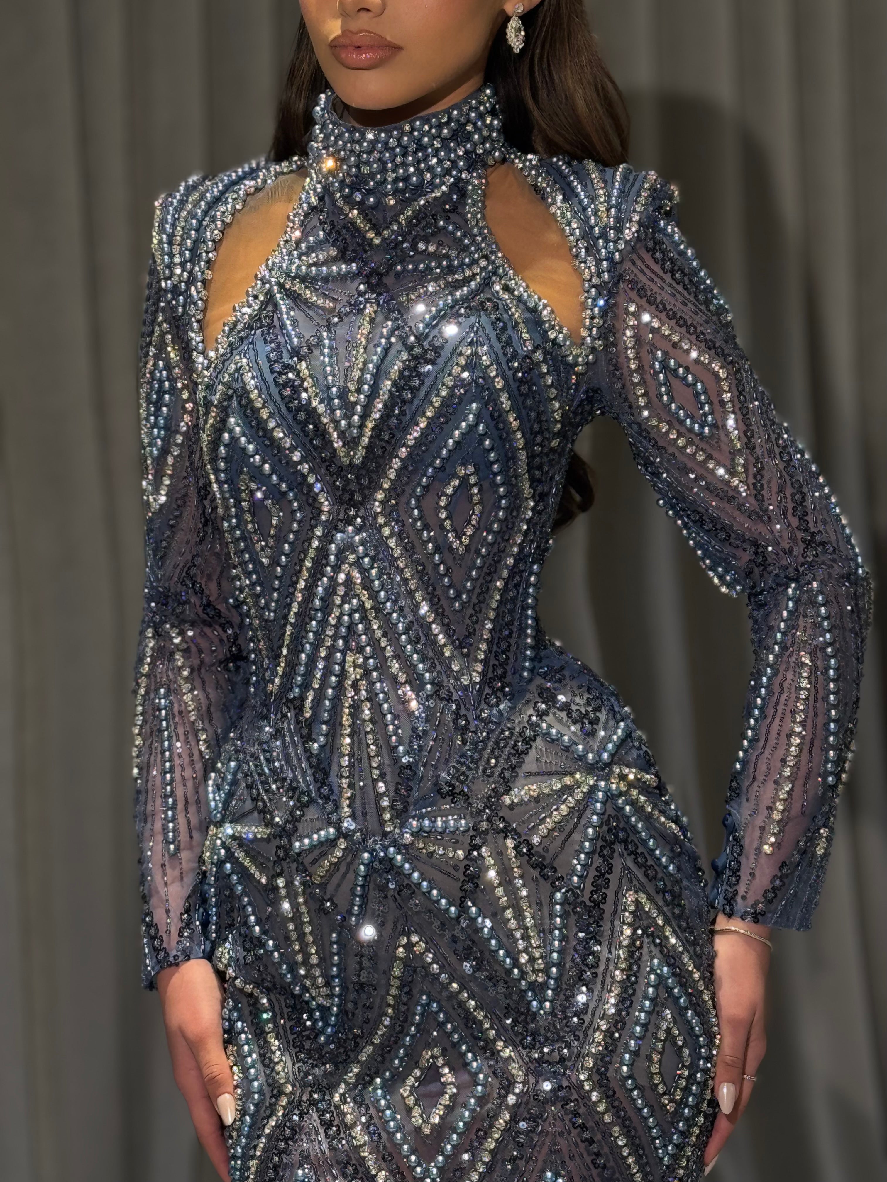 Elarya - Cut-Out Beaded Long Sleeve Gown