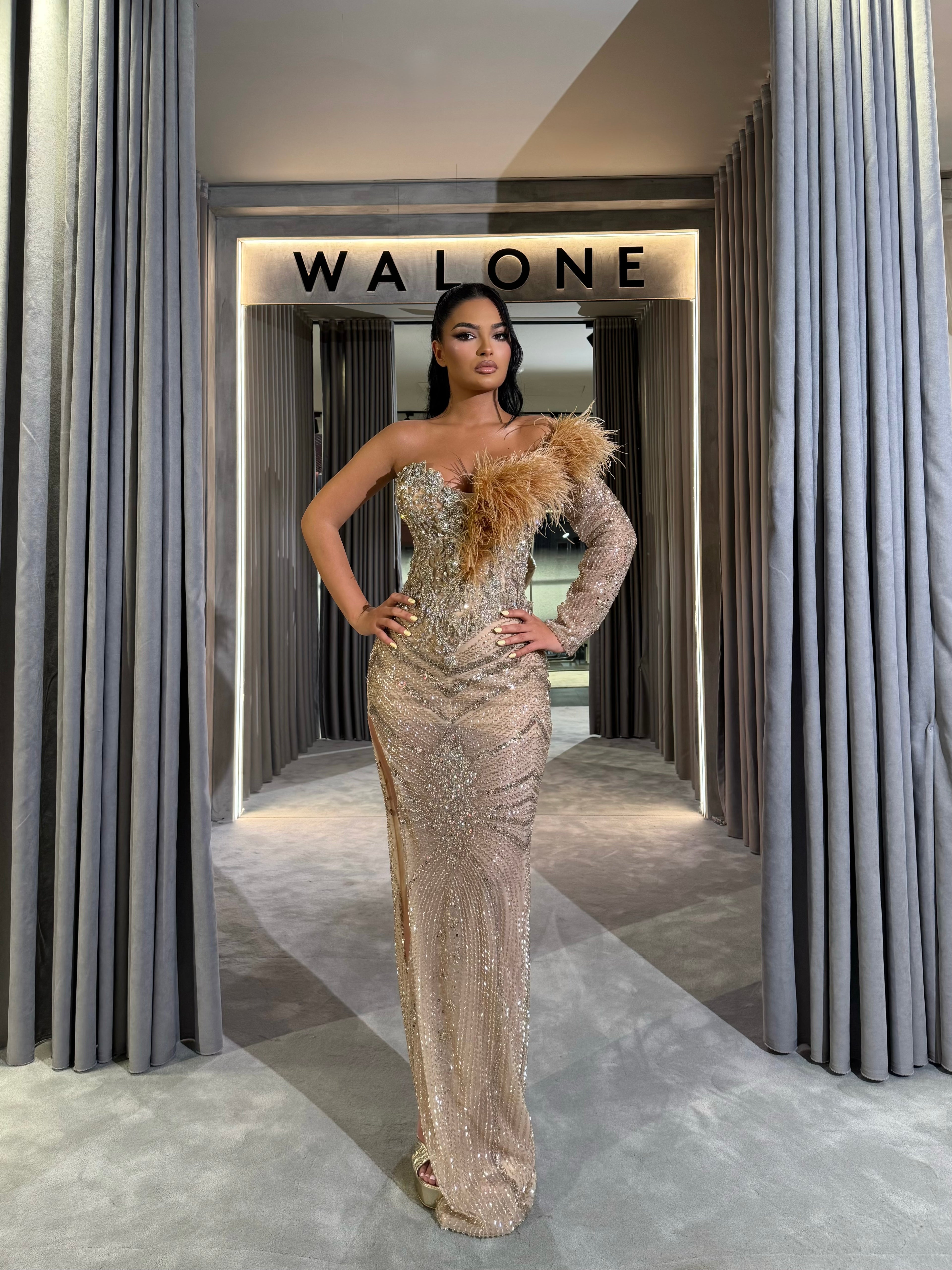Champagne Long Dress with Feather Detailing and Crystal Embellishments Walone LLC Champagne Long Dress with Feather Detailing and Crystal Embellishments Walone LLC
