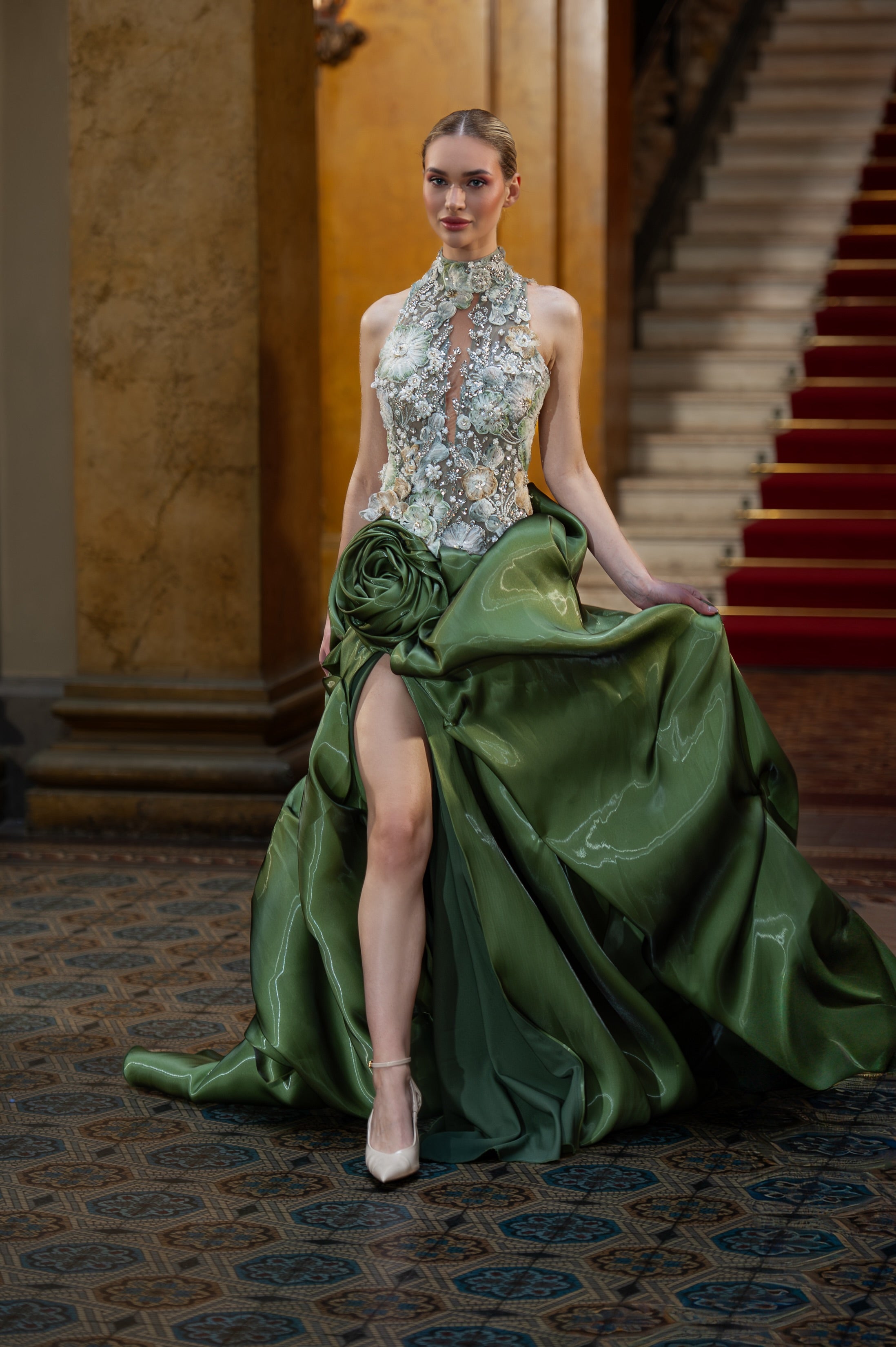 Elysia - Ball Gown with Floral Embroidered Halter Bodice