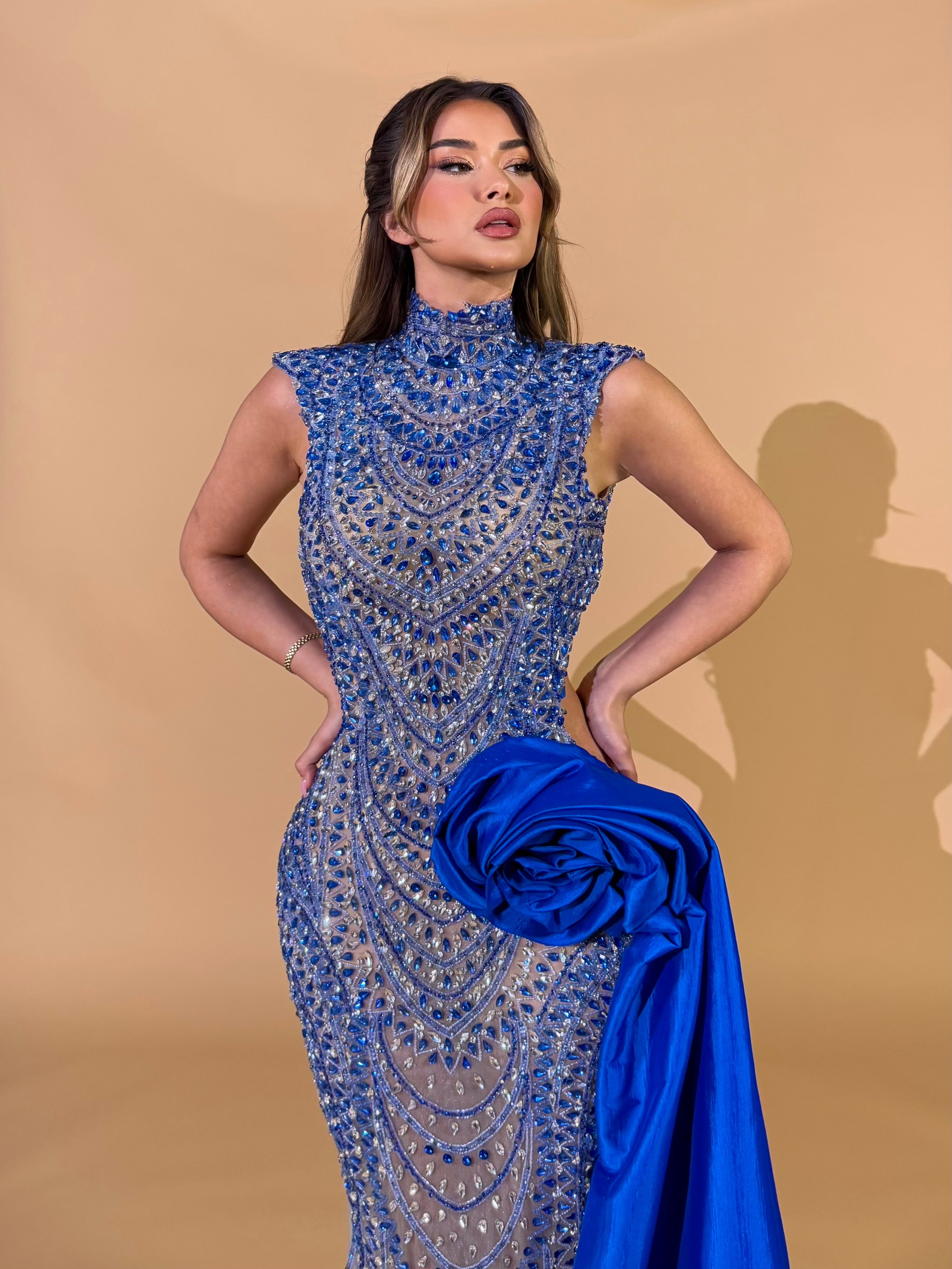 Royal Blue High Neck Crystal Cutout Gown with Draped Flower Detail