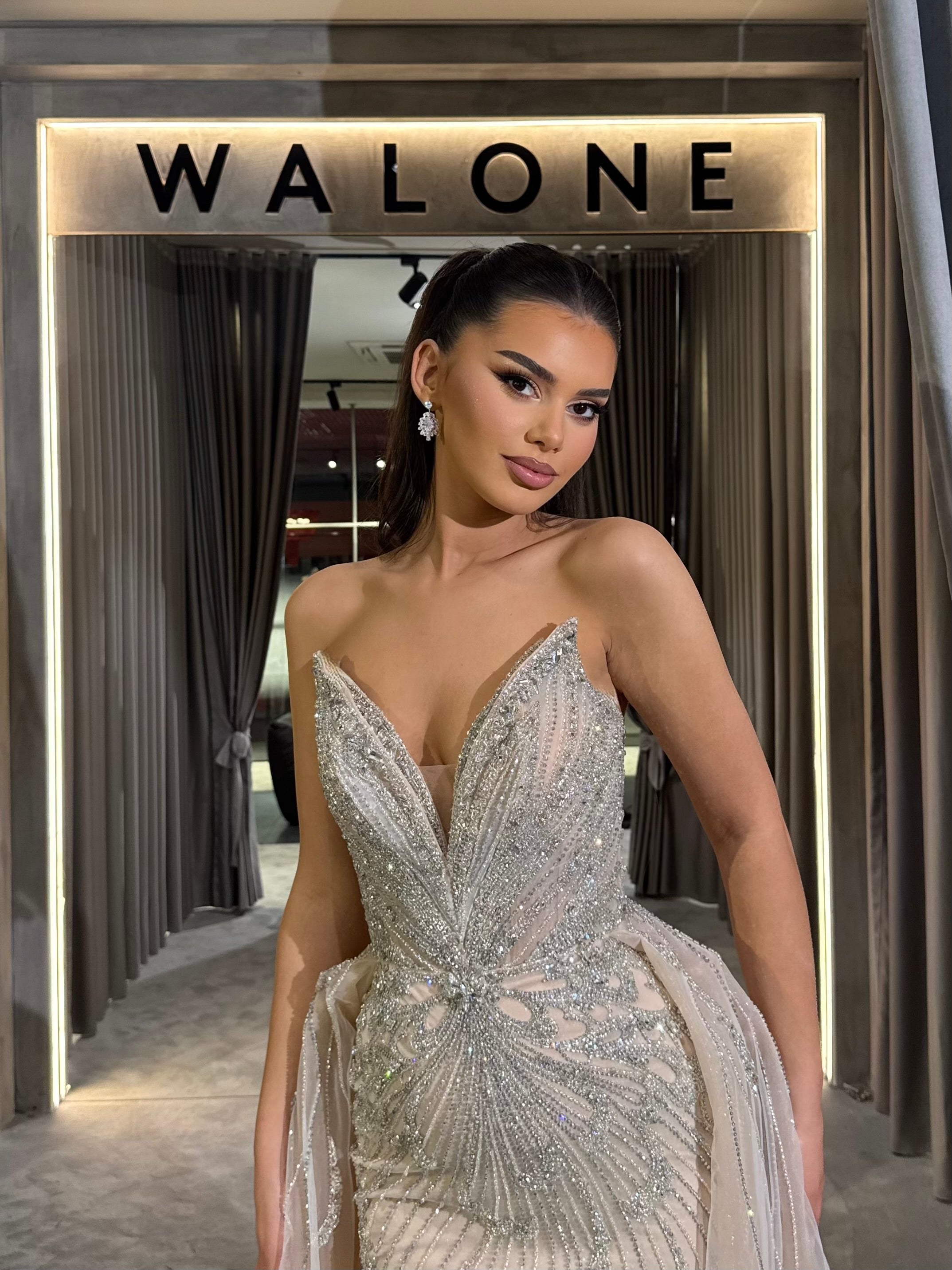 Long Dress with Deep V Neck and Glitter Tulle Layers S Long Dress with Deep V Neck and Glitter Tulle Layers S