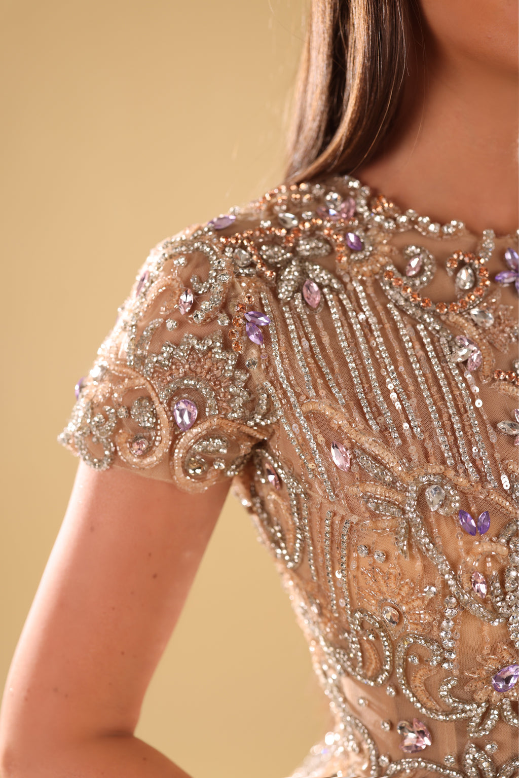 Egnatia - Embellished Cap Sleeve Tiered Tulle Gown
