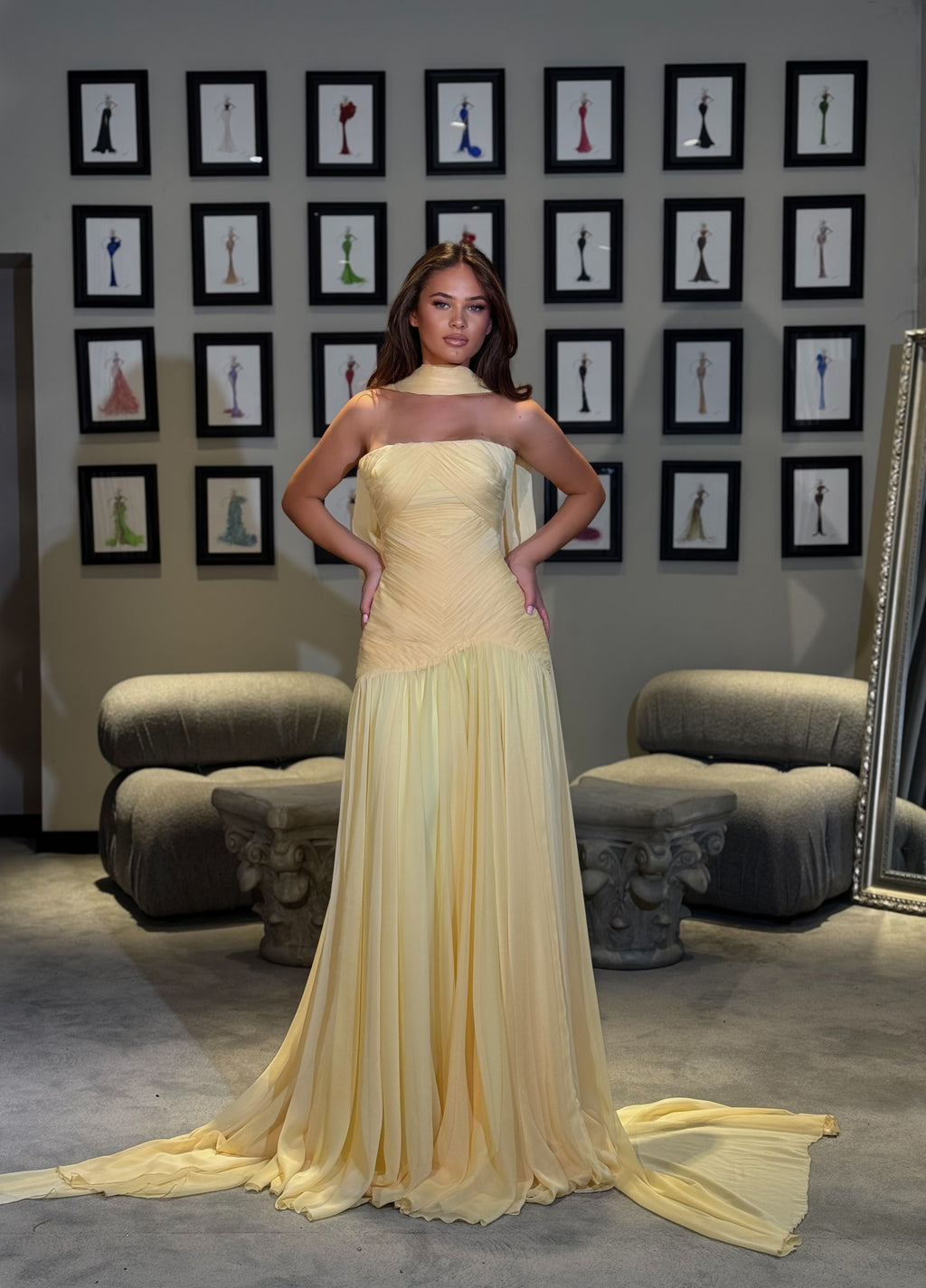 Dorèa - Ruched drop waist chiffon gown