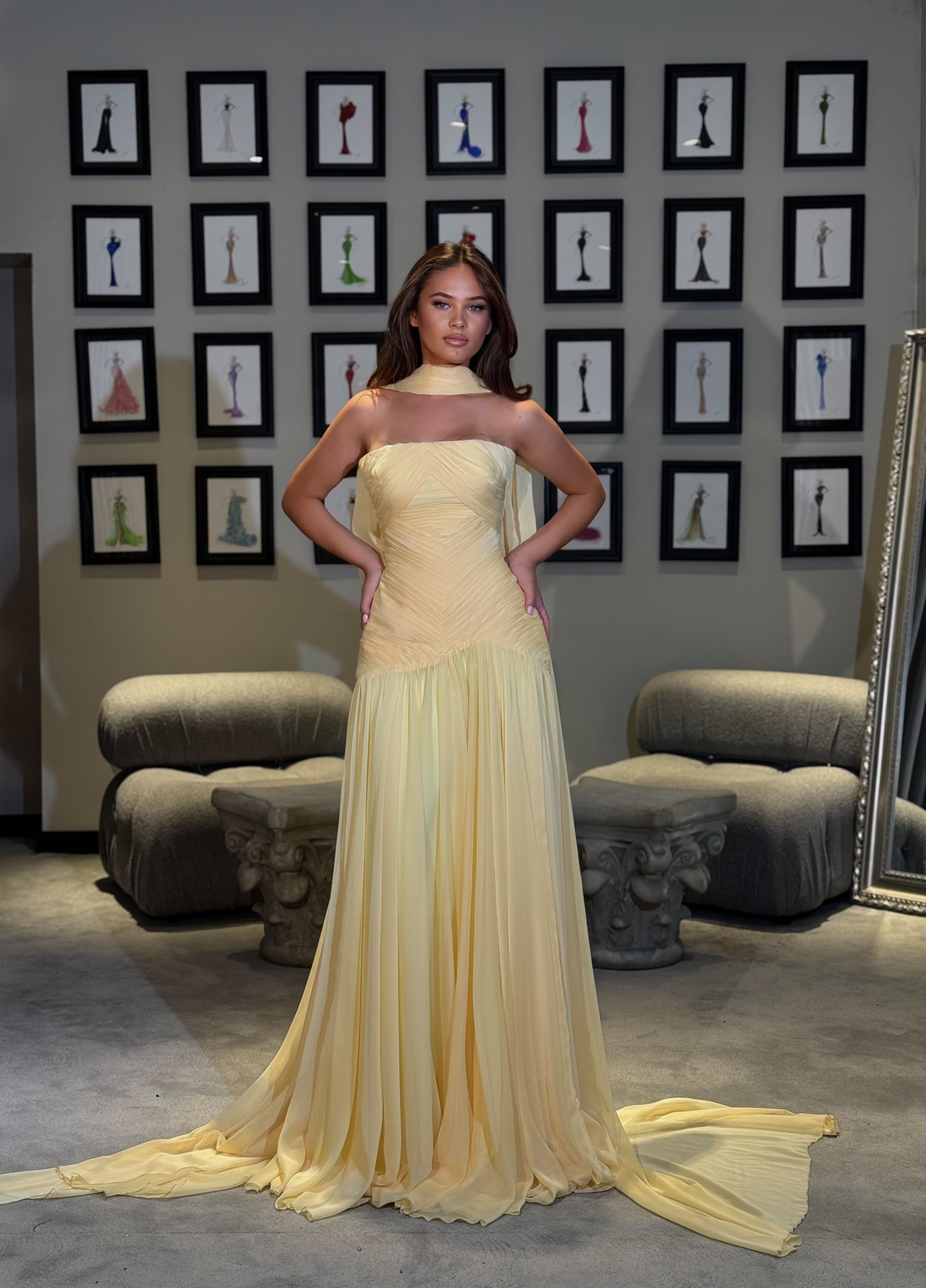 Dorèa - Ruched drop waist chiffon gown