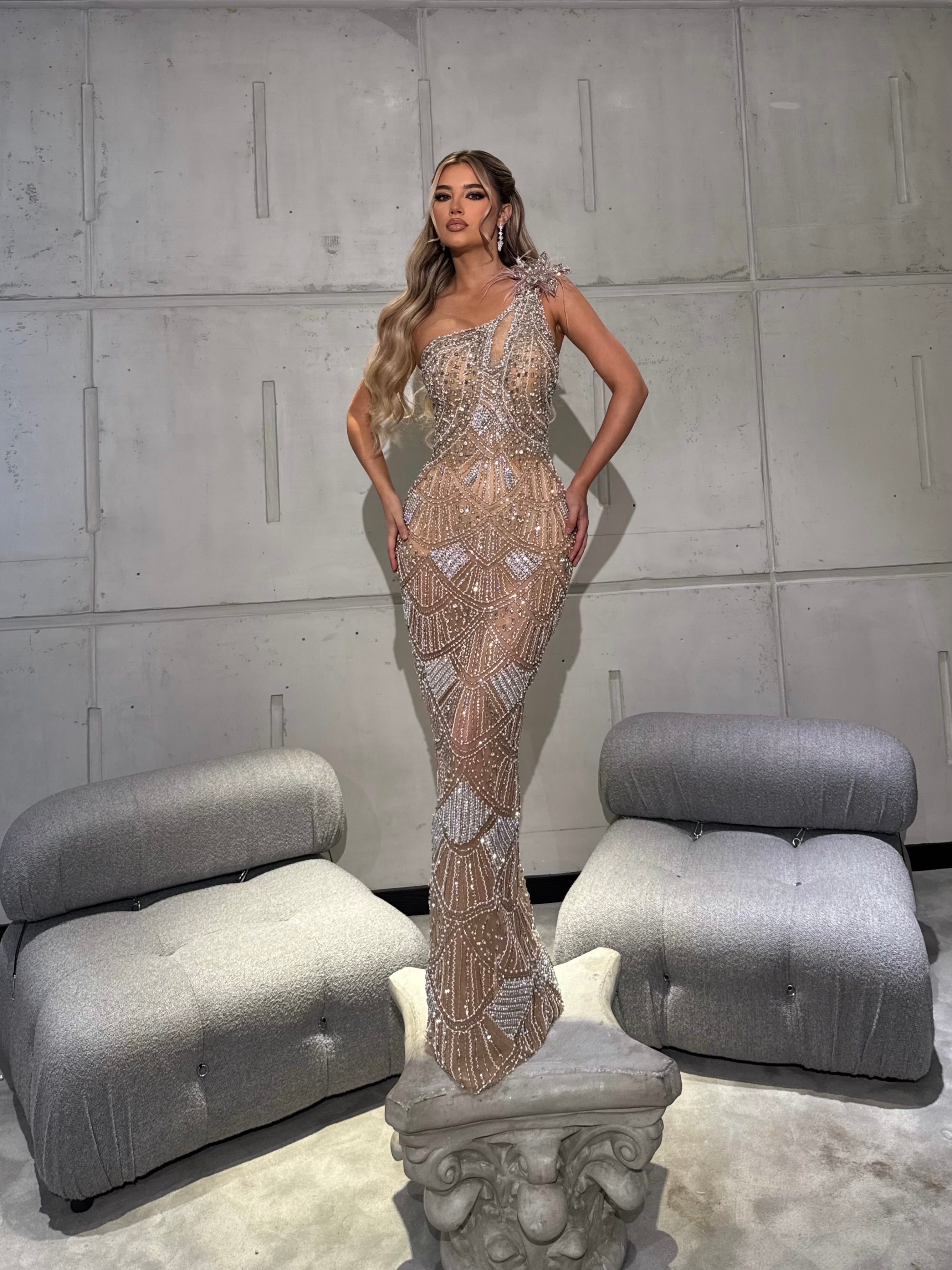 Asymmetrical Beaded Dress in Nude with Floral Shoulder Detail