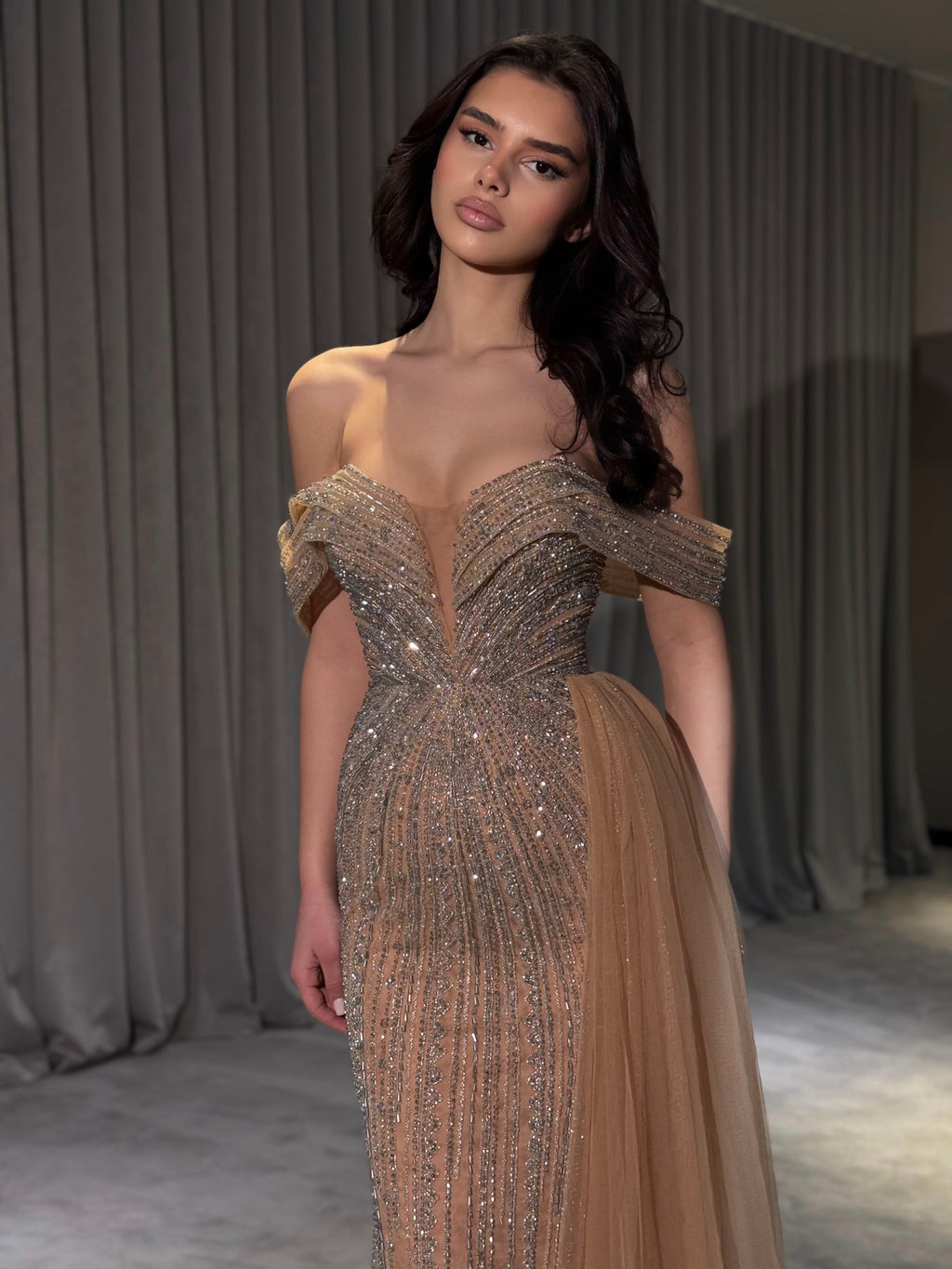 Kiara - Champagne Crystal Off Shoulder Gown