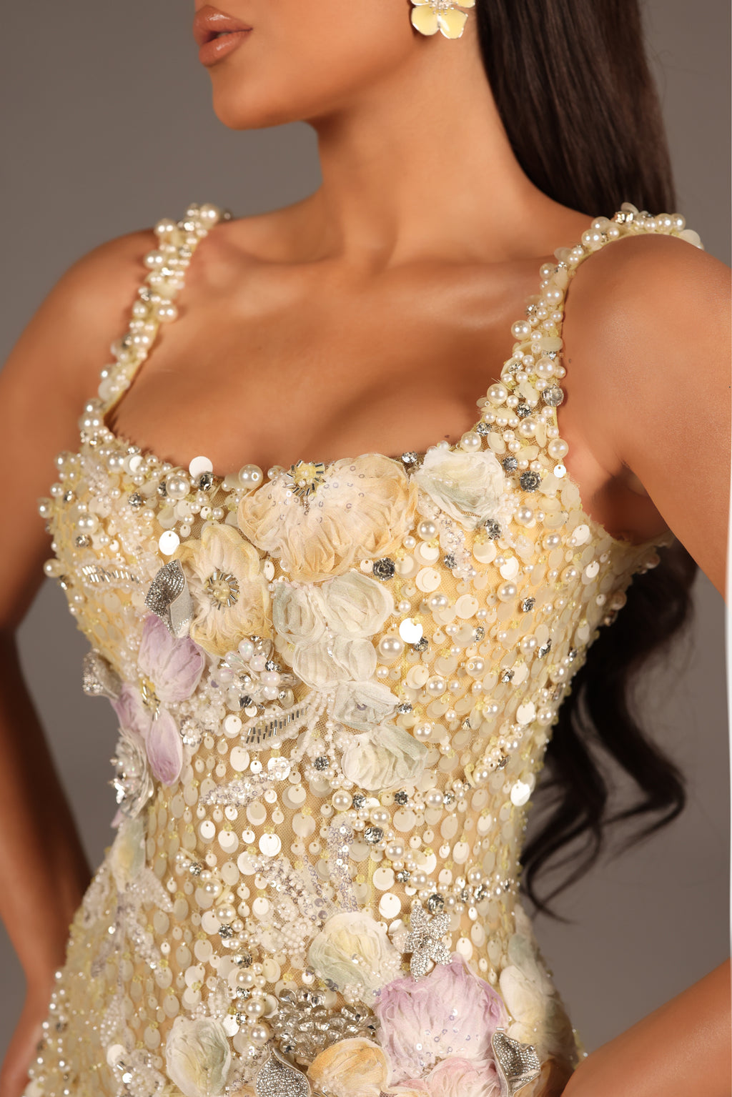 Almira - Embellished Gown with Floral Appliqué and Straps