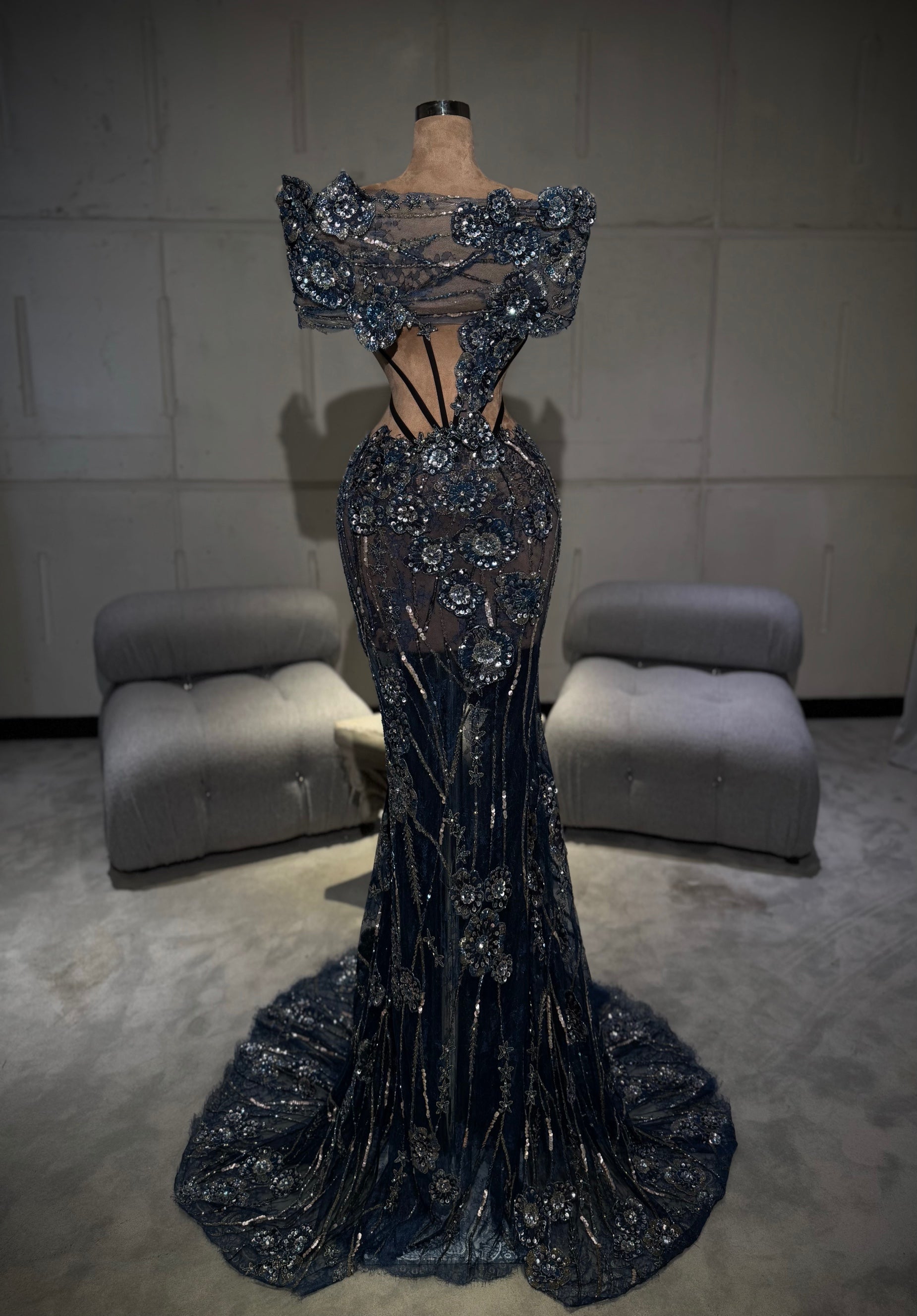 Ruzanna - Long gown with 3D floral appliqués