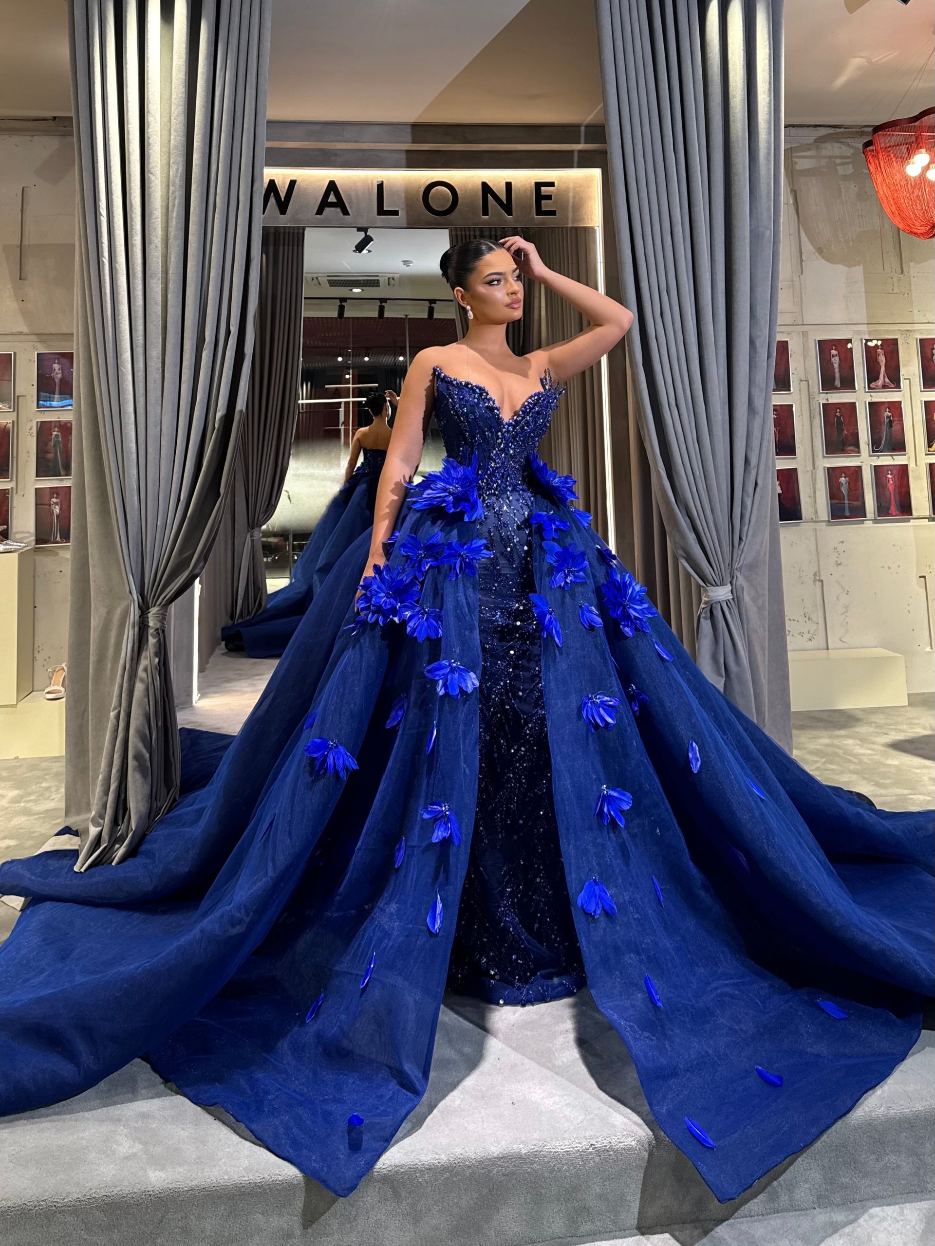 Blue Monarch Beaded Gown with Detachable Overskirt S