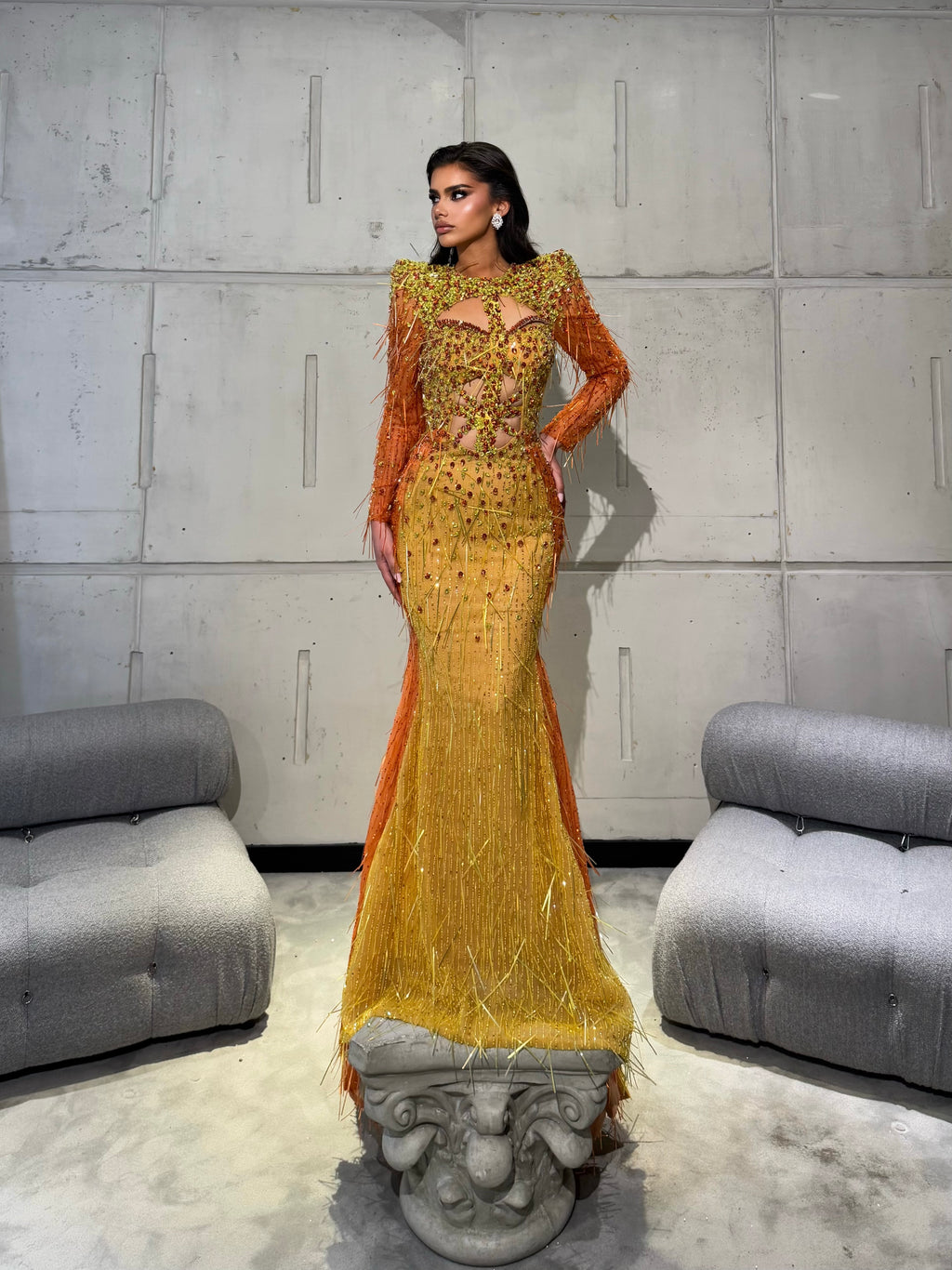 Beaded Gown with Cutout Corset and Fringe Sleeves