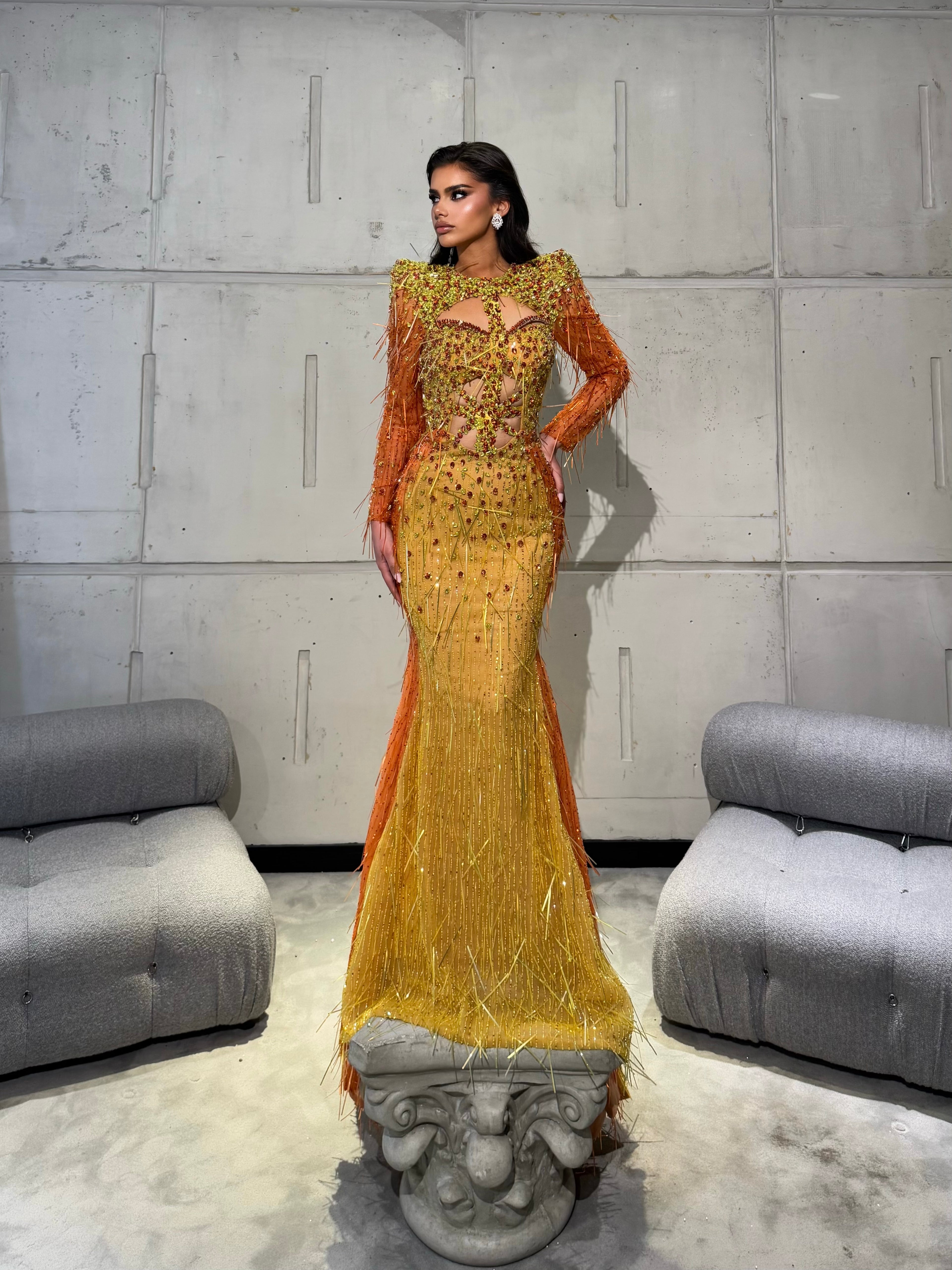 Beaded Gown with Cutout Corset and Fringe Sleeves