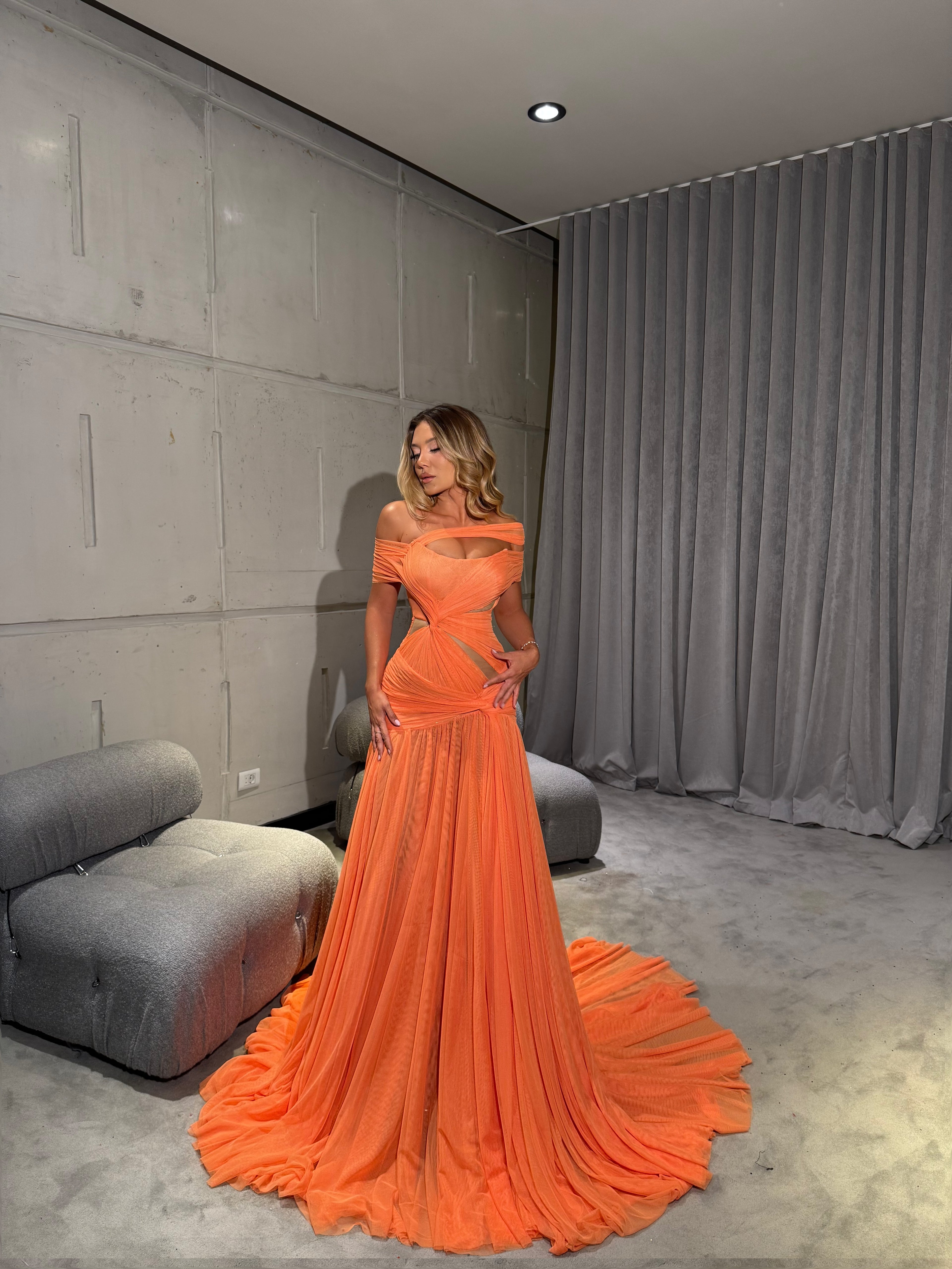 Ayliná - Orange Dress with Pleated Skirt