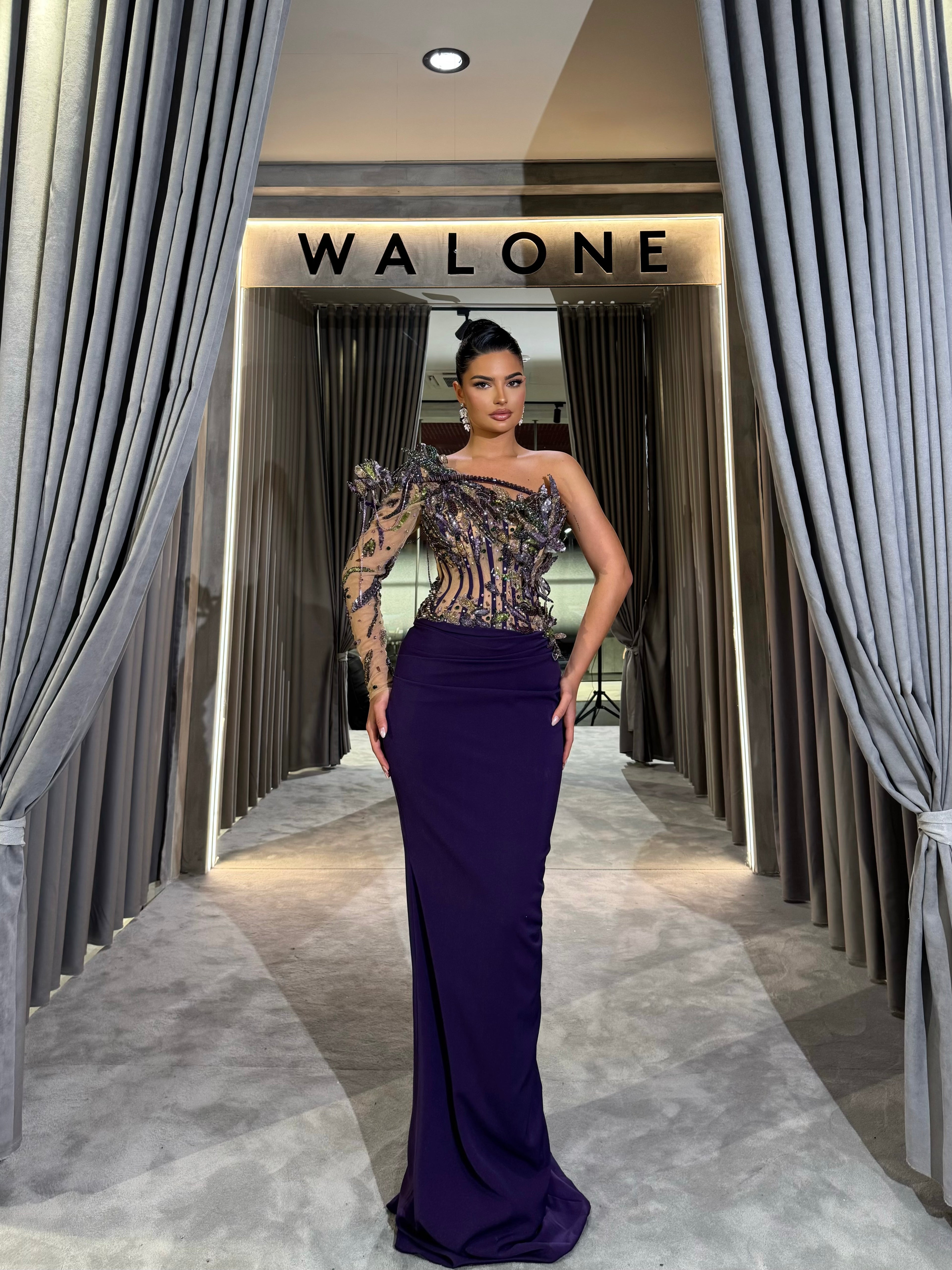 One Shoulder Embellished Gown with Beaded Mesh Bodice