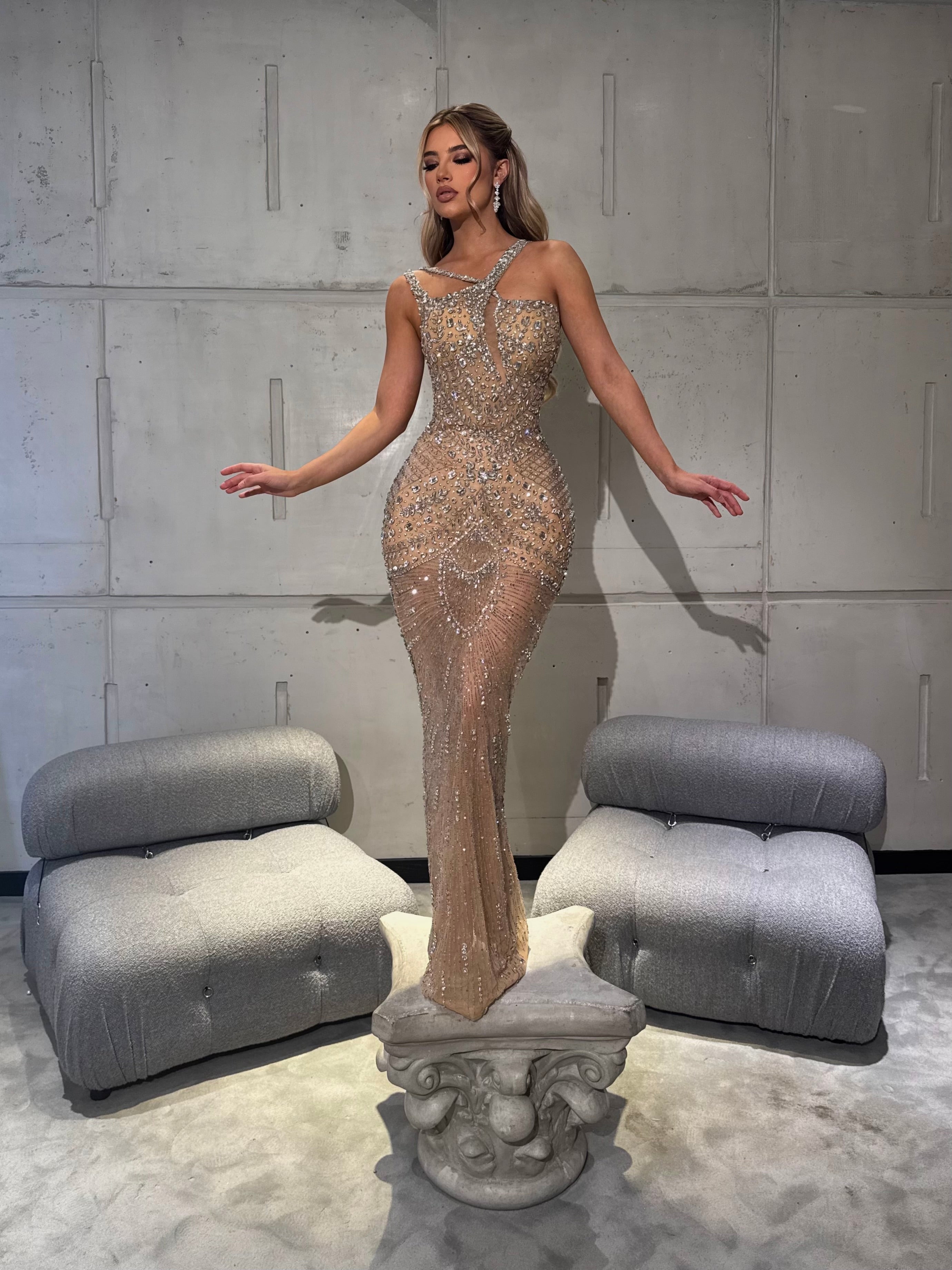 Crystal Gold Gown with Rosette Sleeves and Halter Neckline