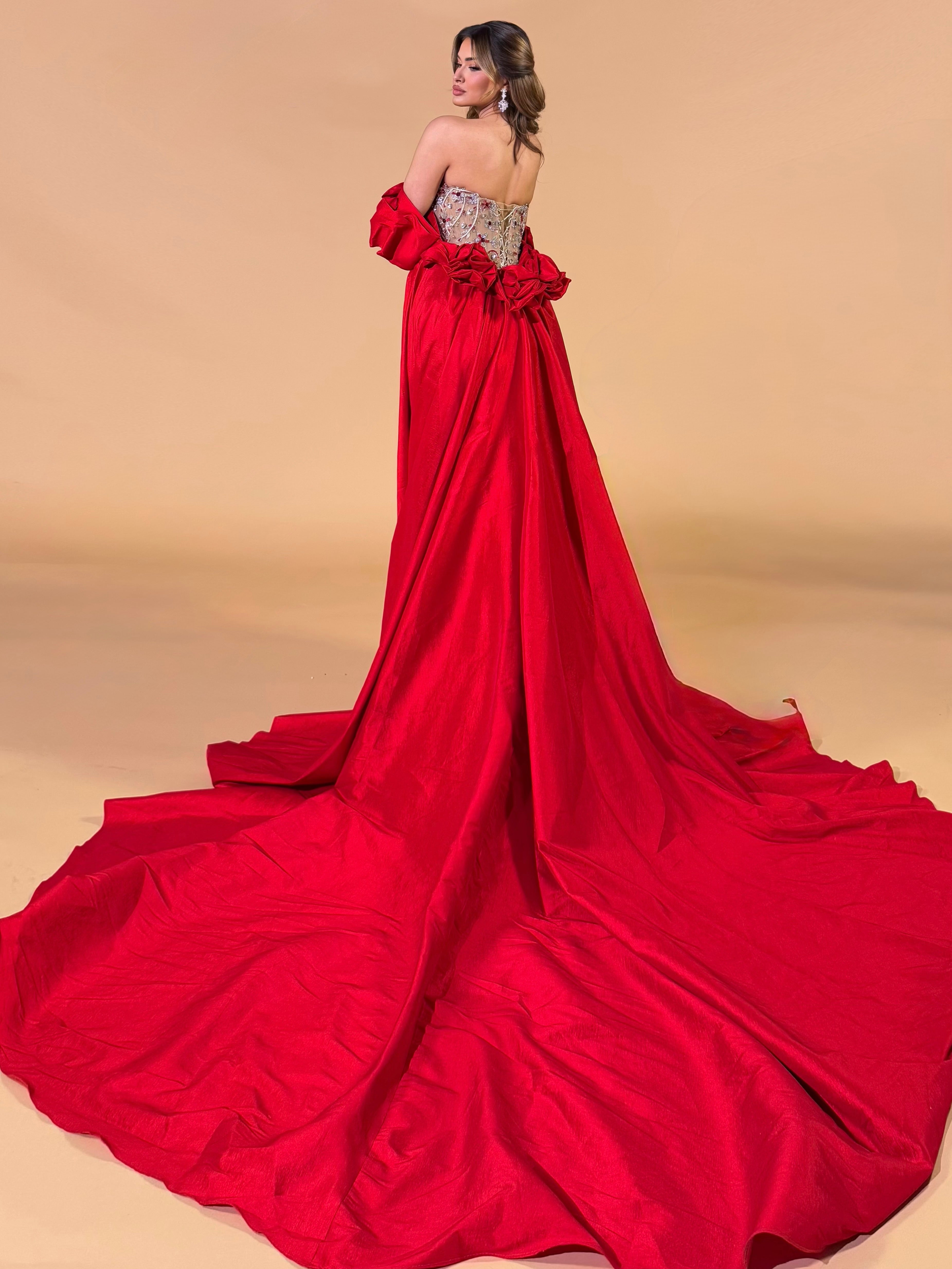 Red Cape Couture Dress with Nude Crystal Embellishments L Red Cape Couture Dress with Nude Crystal Embellishments L