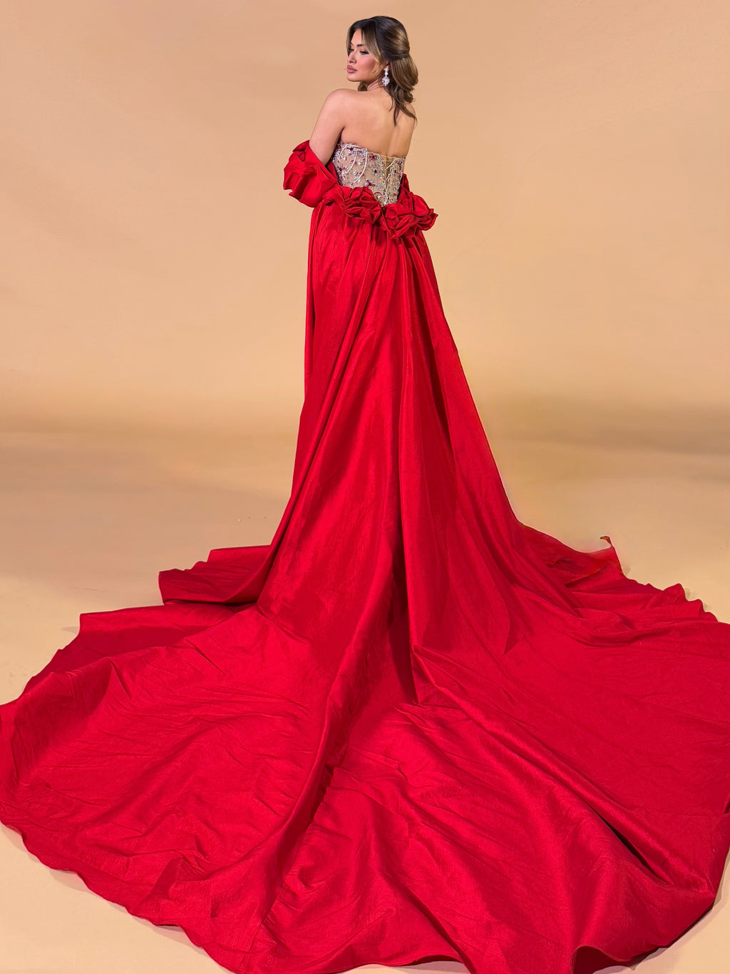 Red Cape Couture Dress with Nude Crystal Embellishments