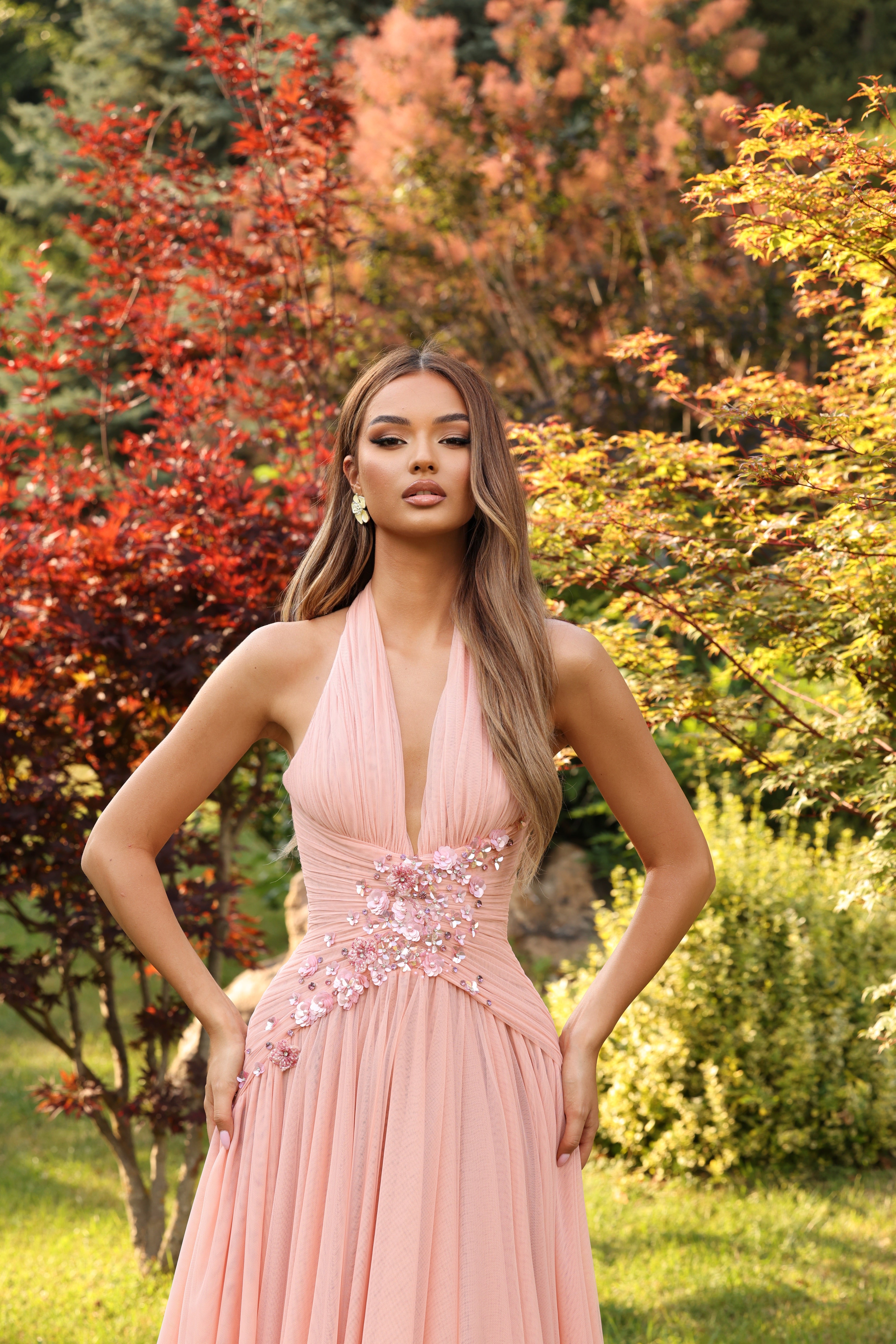 Meliora – Peach Halter Gown with Floral Embellishment