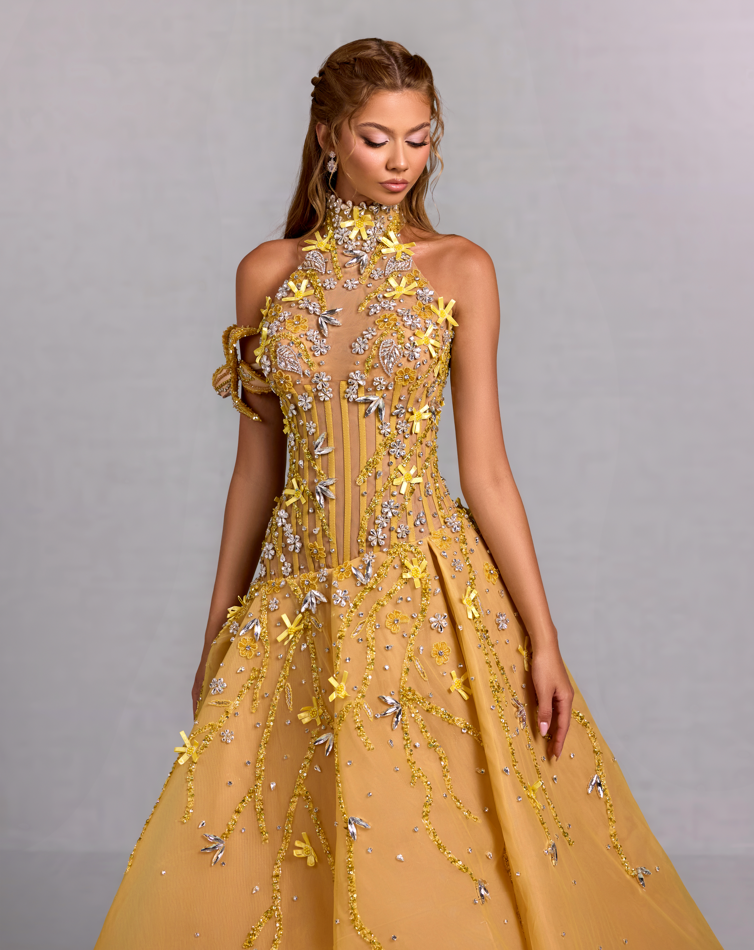 High Neck Yellow Gown with Floral Crystal Vines