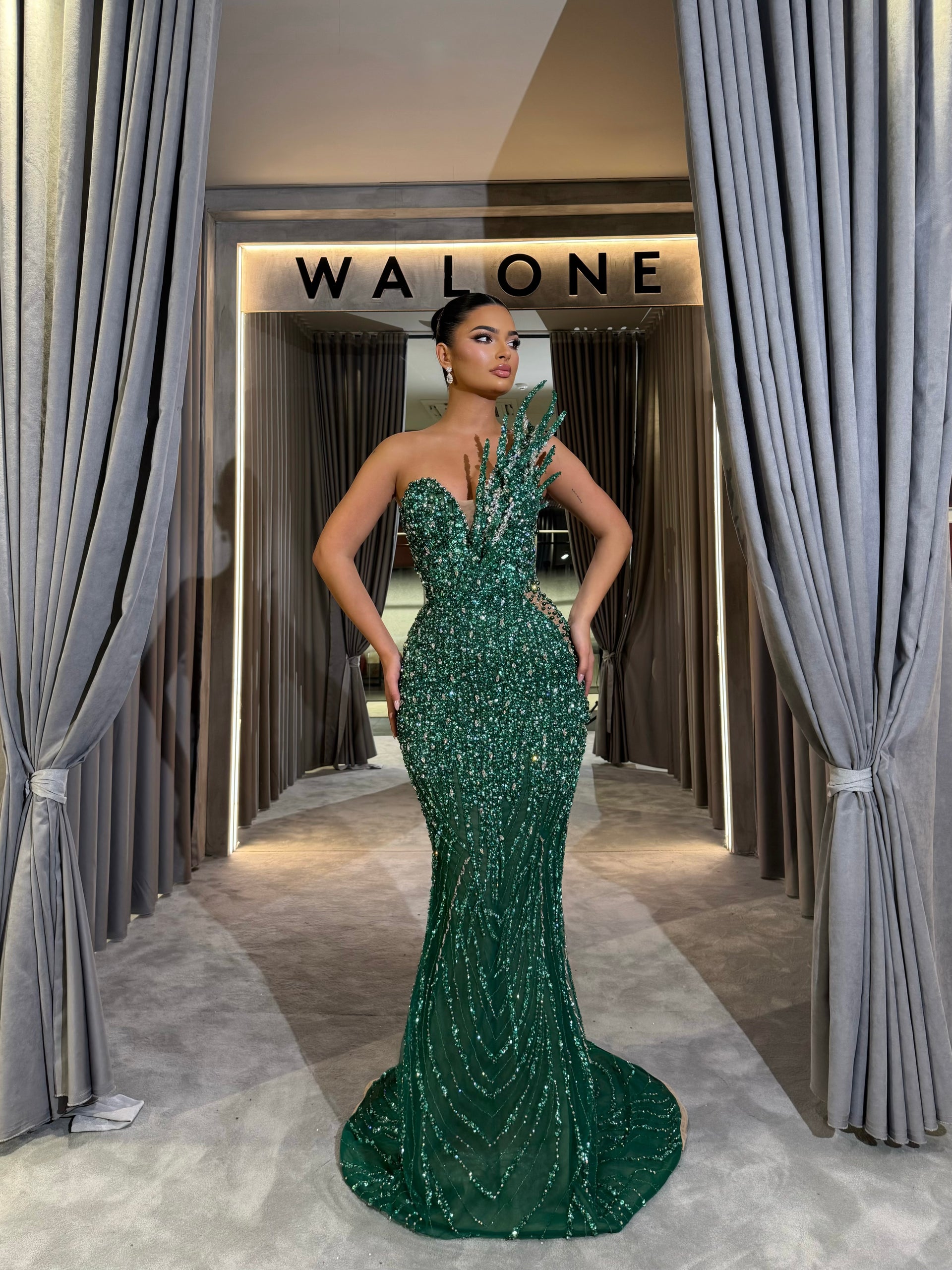 Emerald Asymmetrical Leaf beaded gown XL