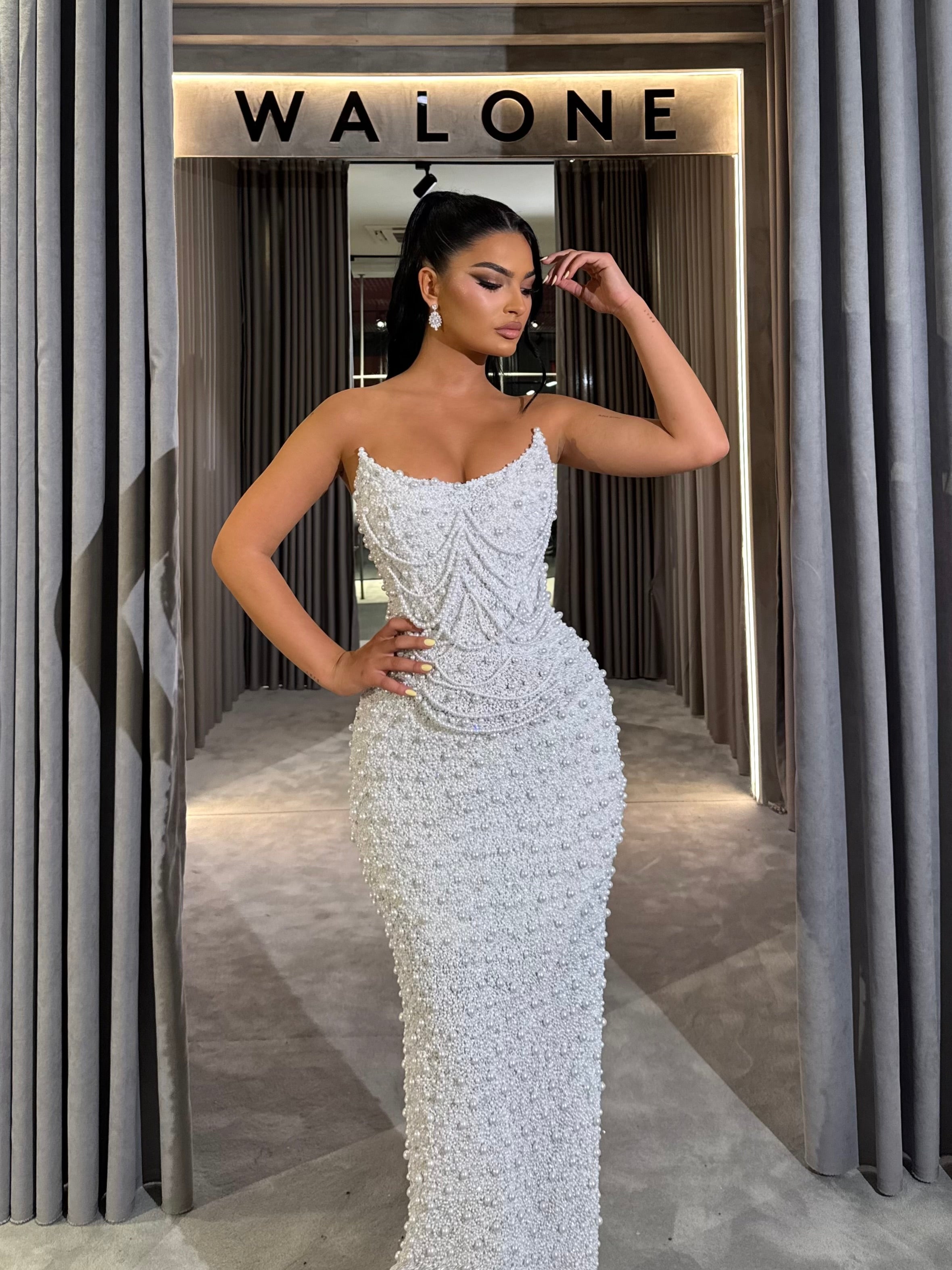 White Pearled Scoop Gown